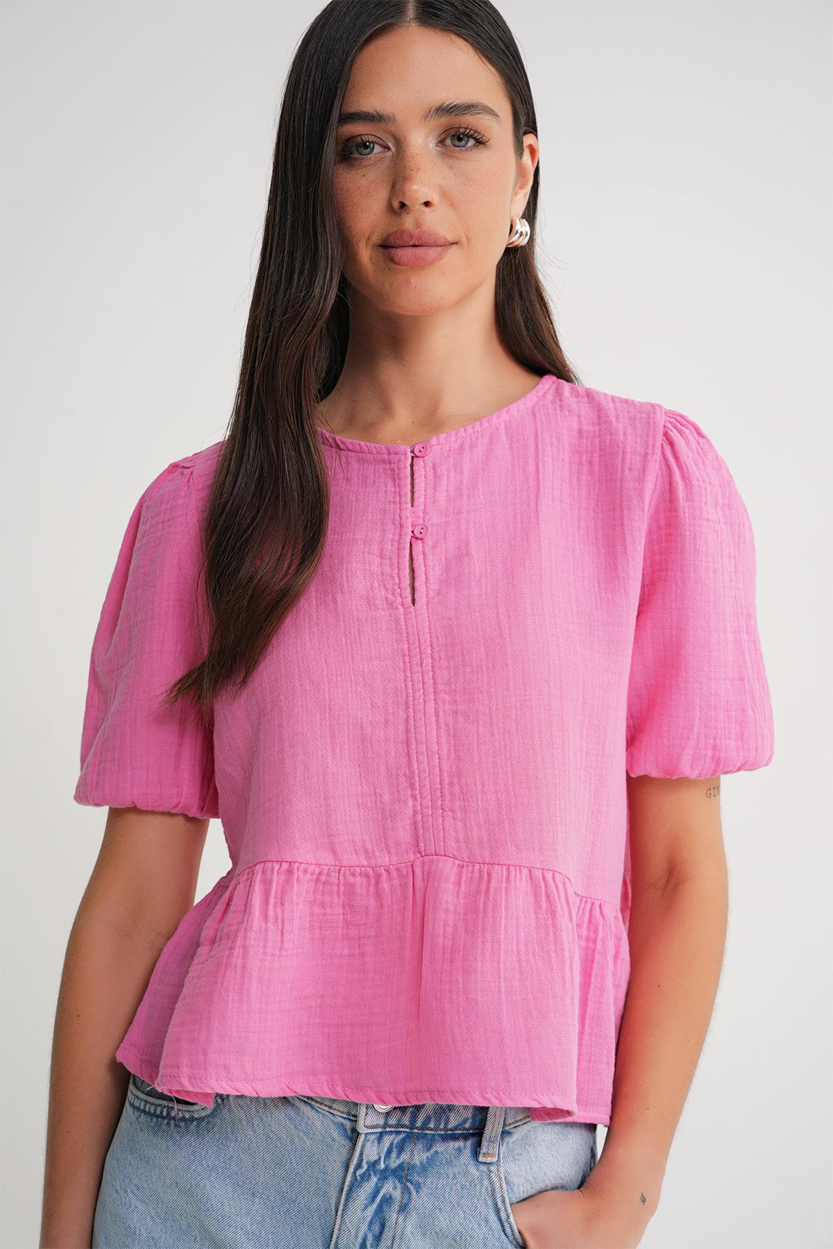 4713 Kadın Beli Büzgülü Kolu Lastikli Bol Müslin Bluz Pembe