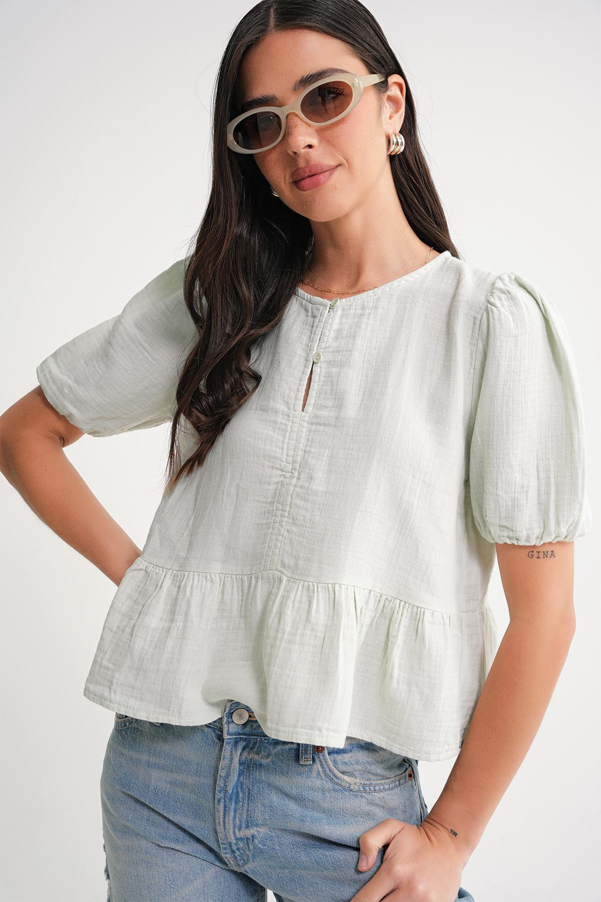 4713 Kadın Beli Büzgülü Kolu Lastikli Bol Müslin Bluz Adaçayı