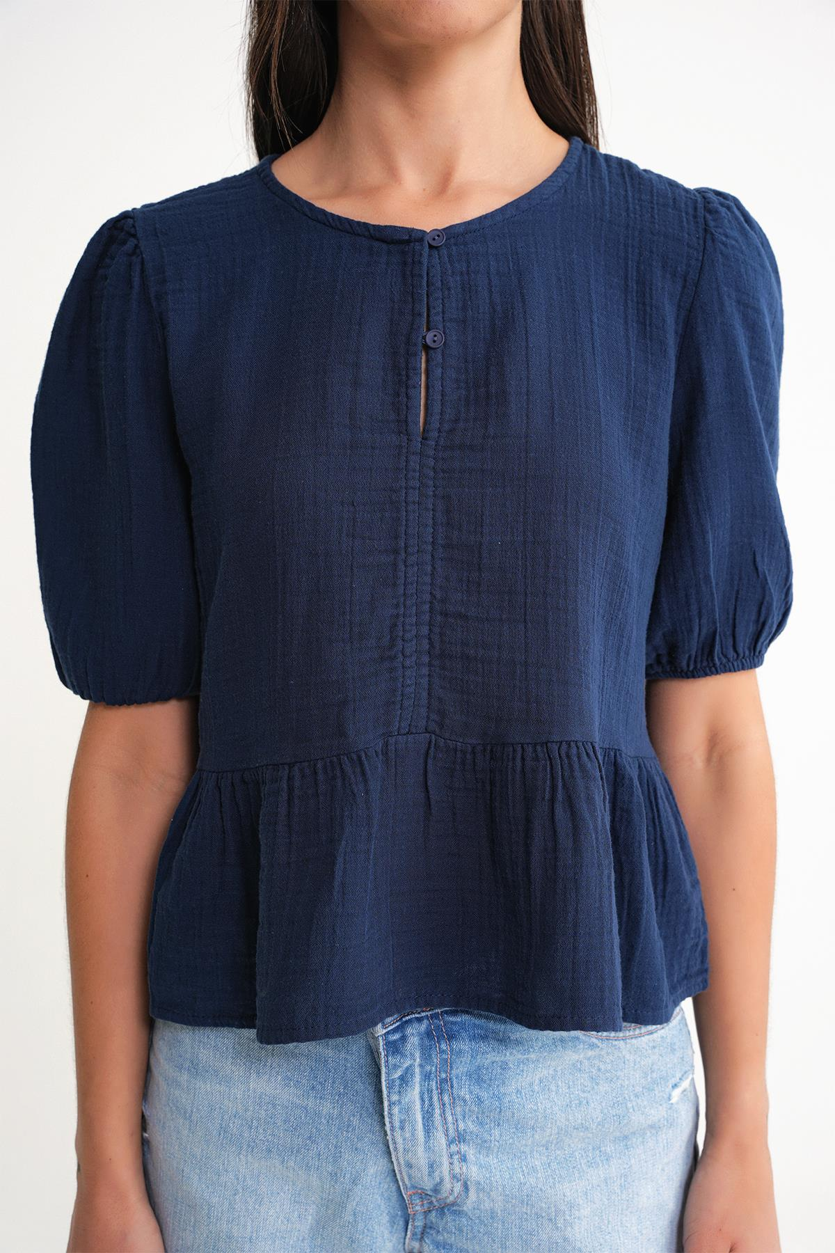 4713 Kadın Beli Büzgülü Kolu Lastikli Bol Müslin Bluz Lacivert