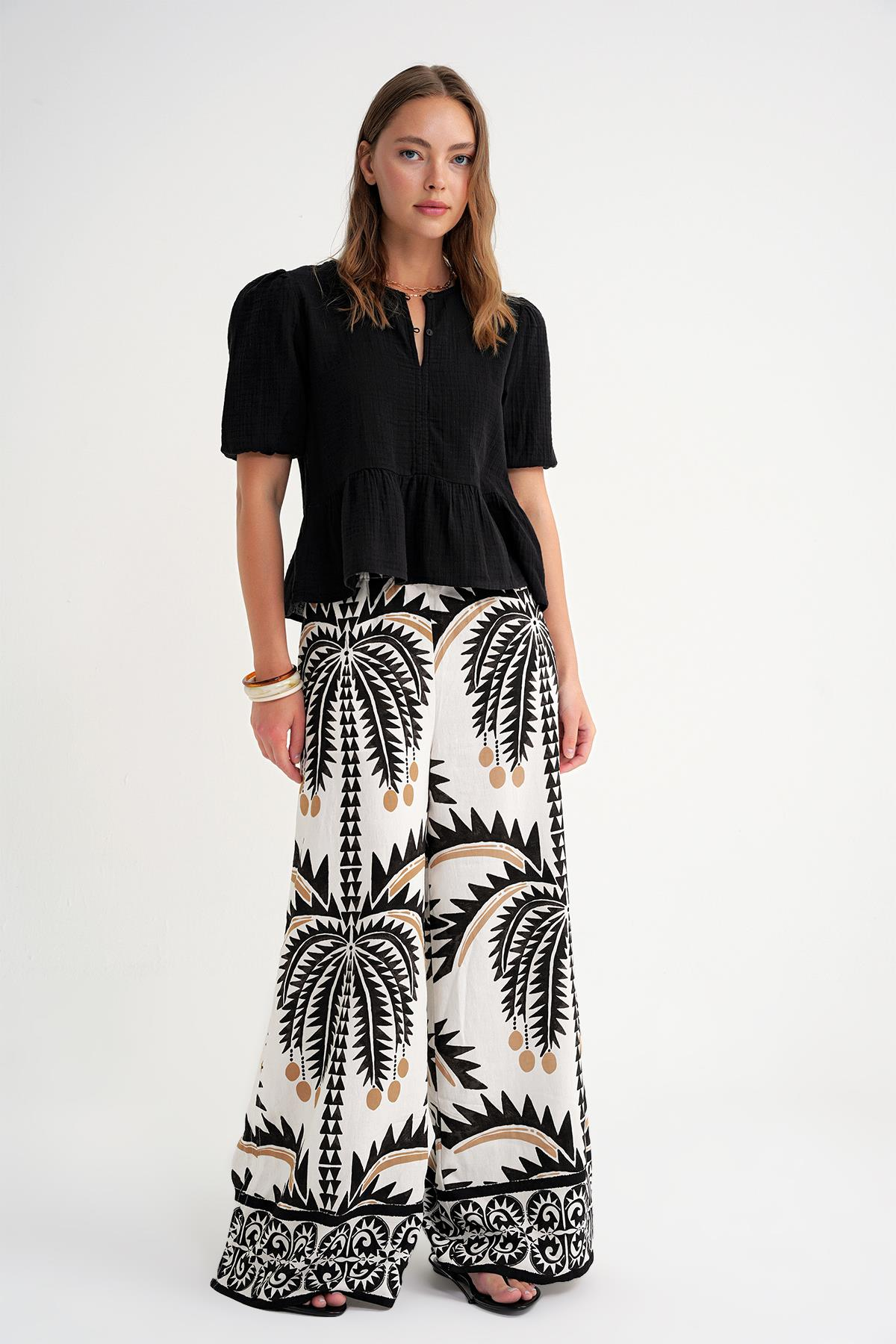 4713 Kadın Beli Büzgülü Kolu Lastikli Bol Müslin Bluz Siyah