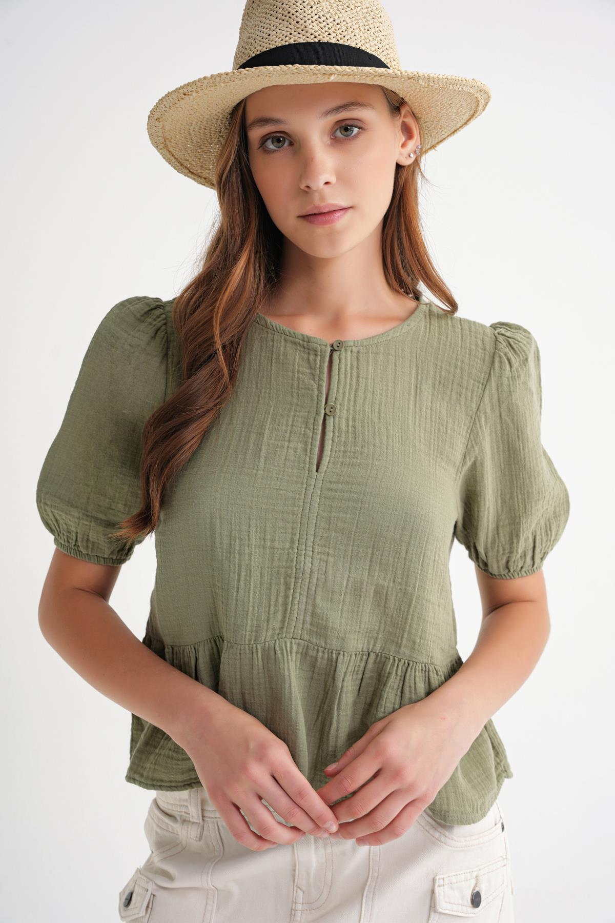 4713 Kadın Beli Büzgülü Kolu Lastikli Bol Müslin Bluz Çağla