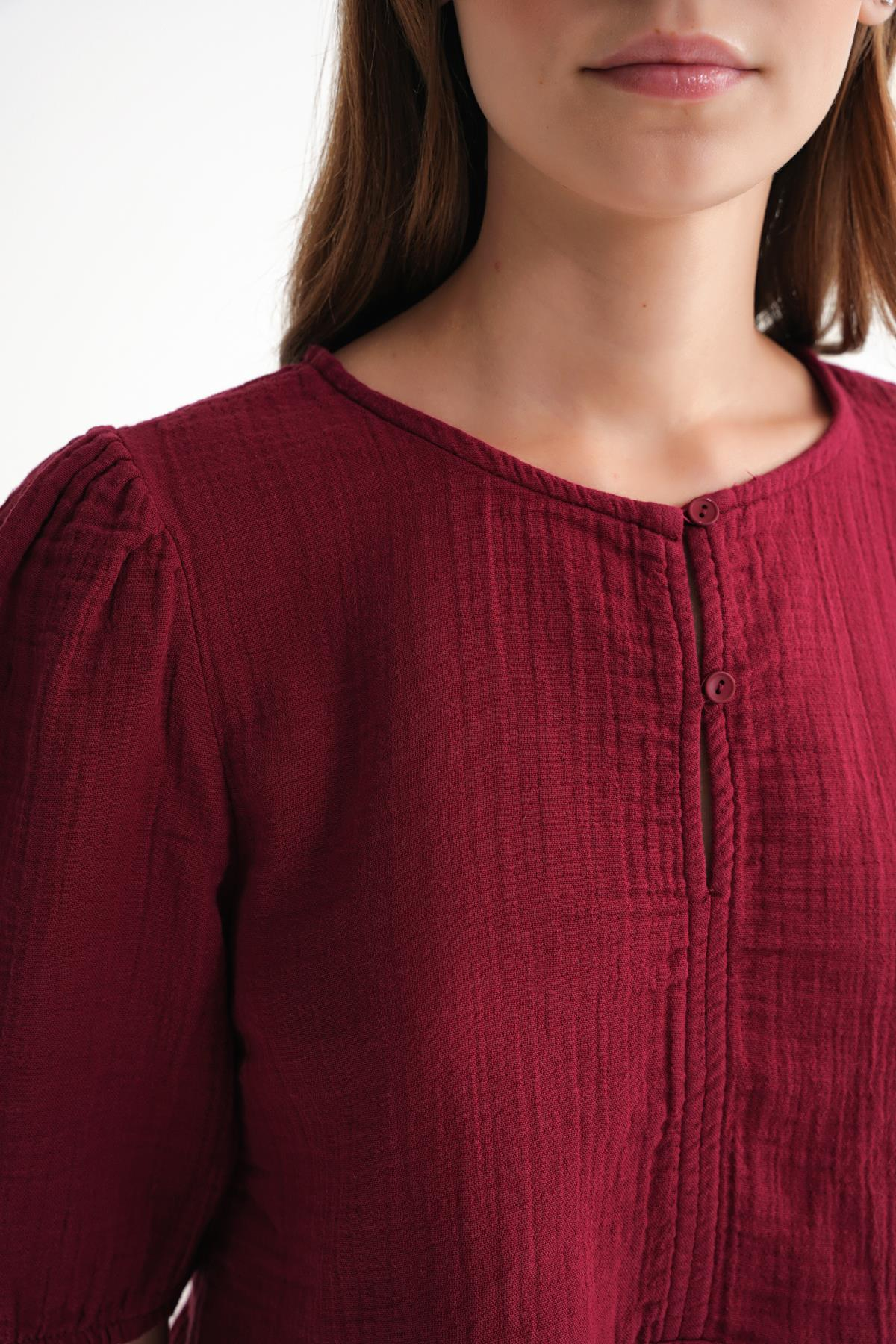 4713 Kadın Beli Büzgülü Kolu Lastikli Bol Müslin Bluz Bordo