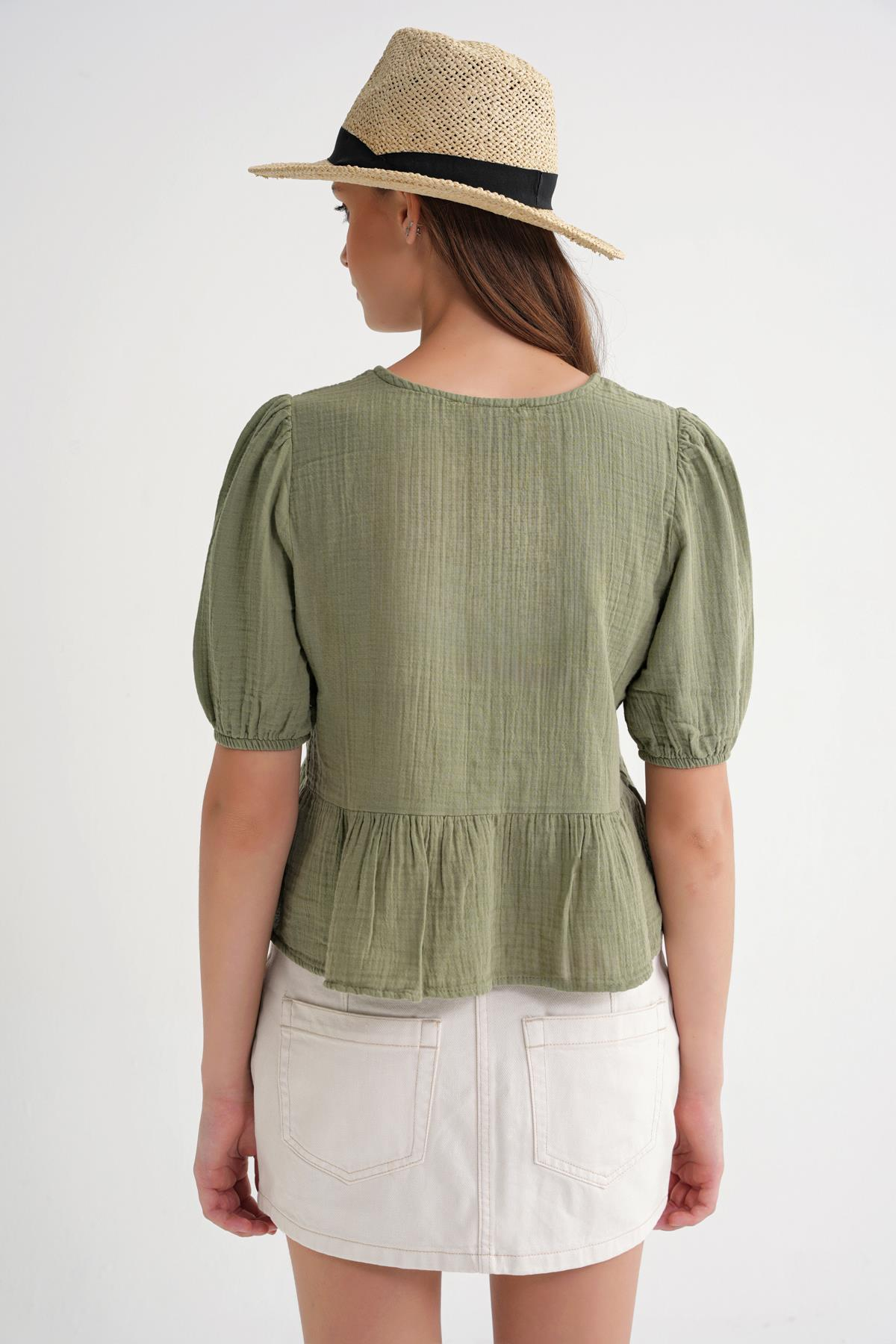 4713 Kadın Beli Büzgülü Kolu Lastikli Bol Müslin Bluz Çağla