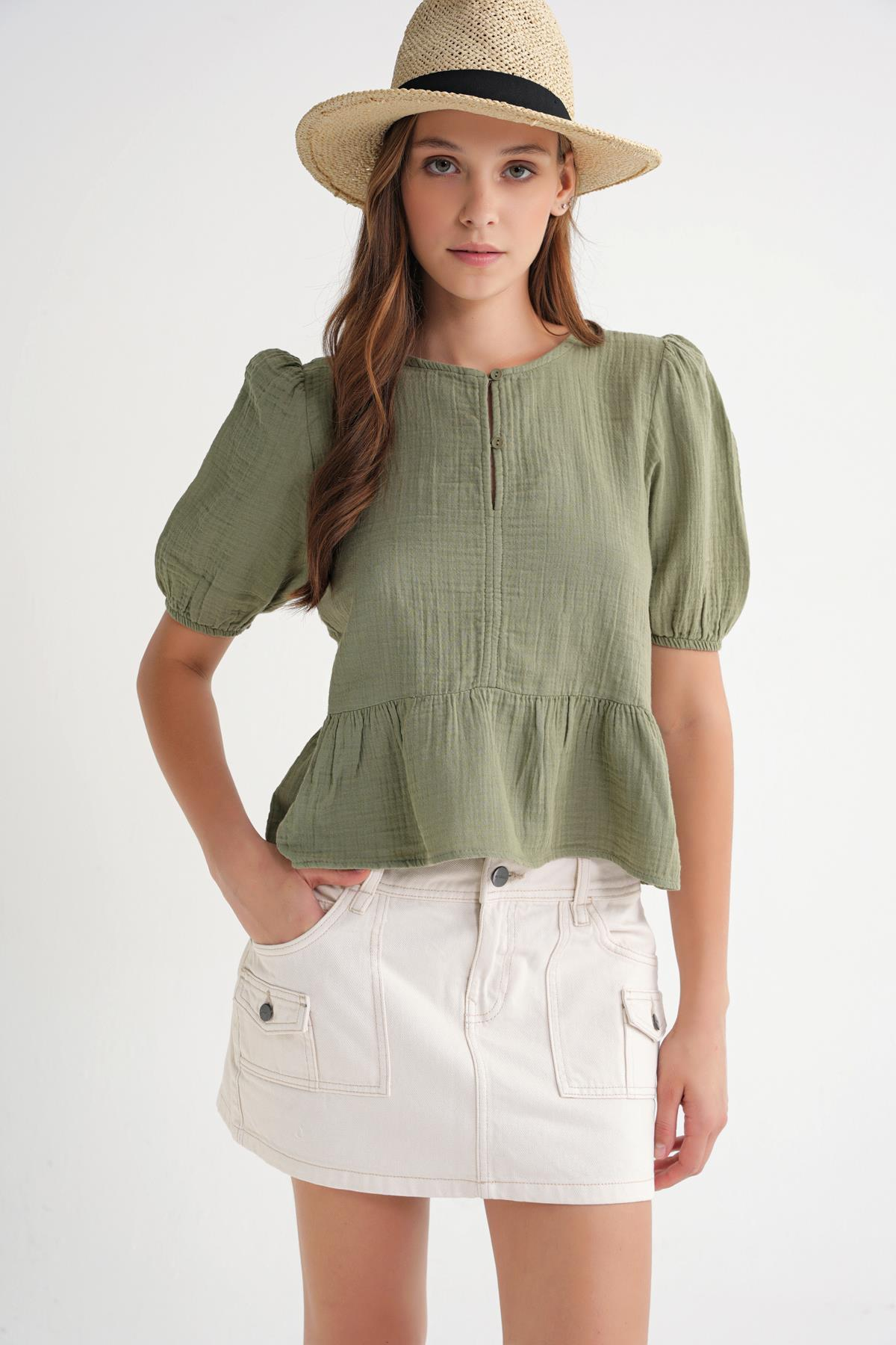4713 Kadın Beli Büzgülü Kolu Lastikli Bol Müslin Bluz Çağla