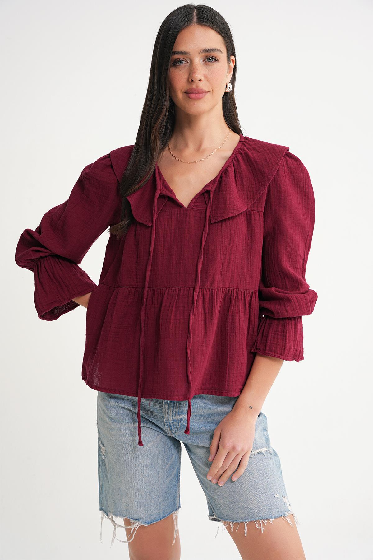 4714 Kadın Yakası Volanlı Bol Müslin Bluz Bordo