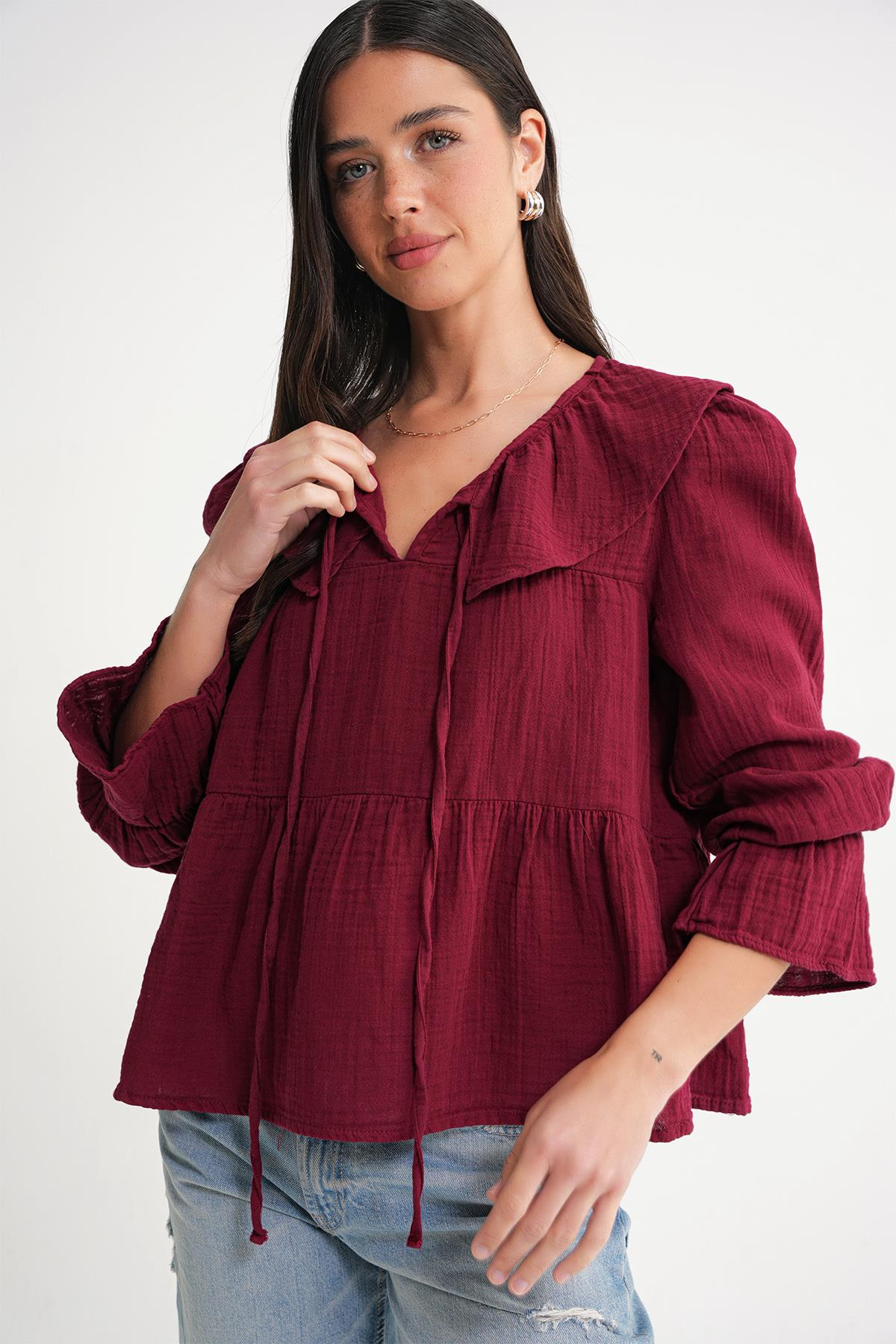 4714 Kadın Yakası Volanlı Bol Müslin Bluz Bordo