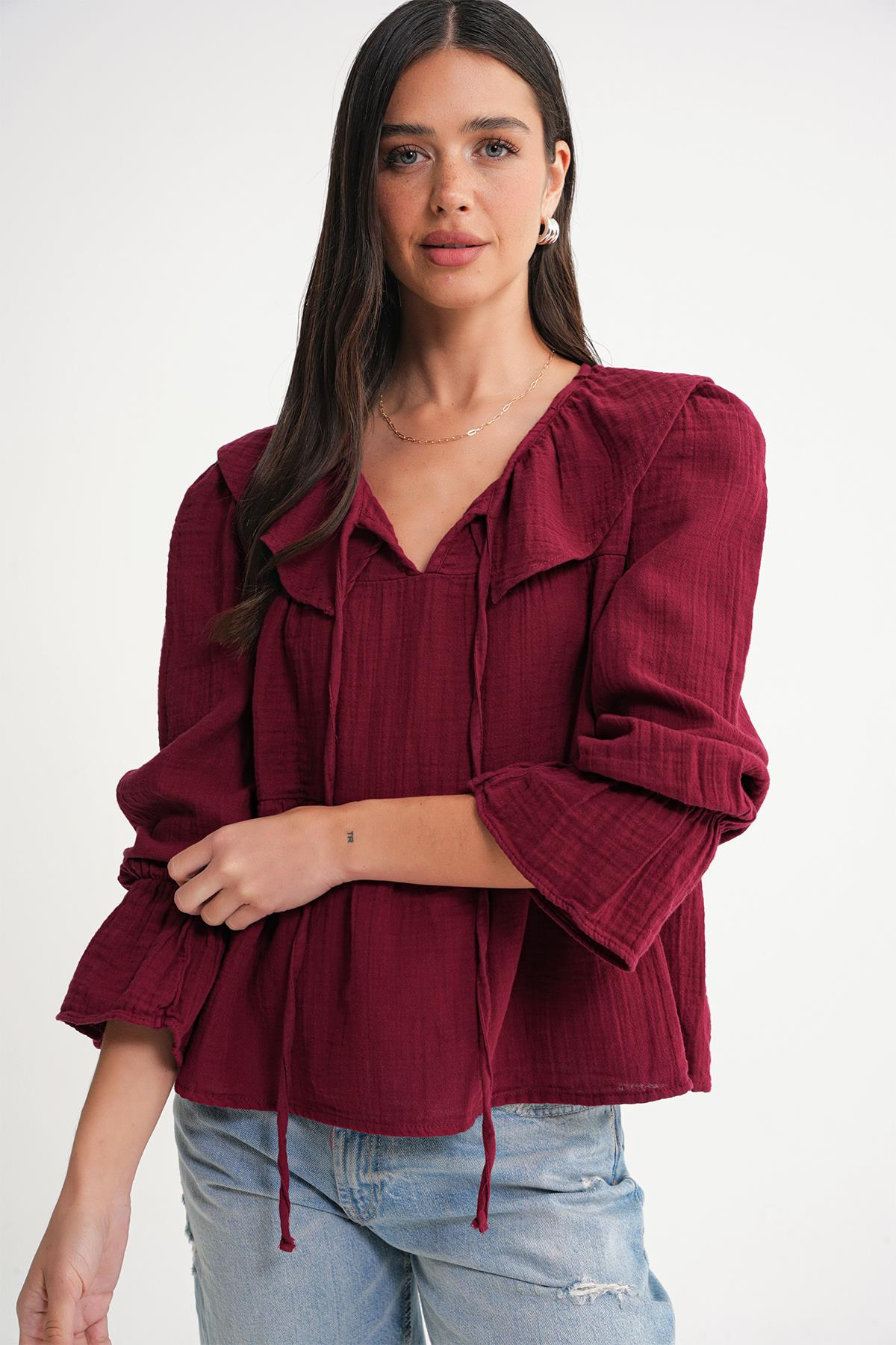 4714 Kadın Yakası Volanlı Bol Müslin Bluz Bordo