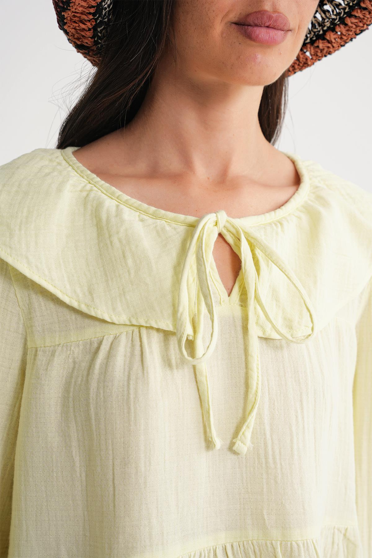 4714 Kadın Yakası Volanlı Bol Müslin Bluz Pastel Sarısı