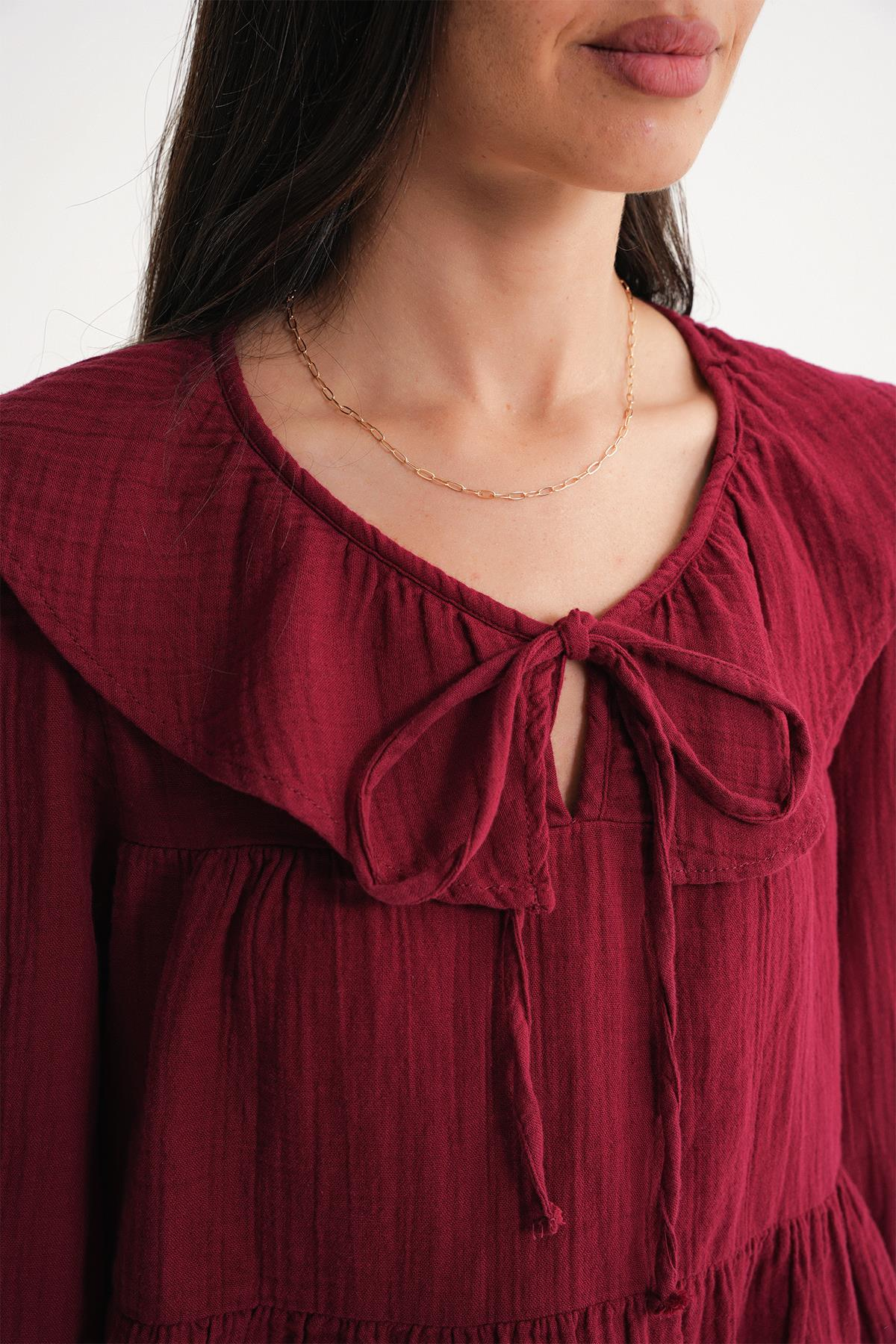 4714 Kadın Yakası Volanlı Bol Müslin Bluz Bordo