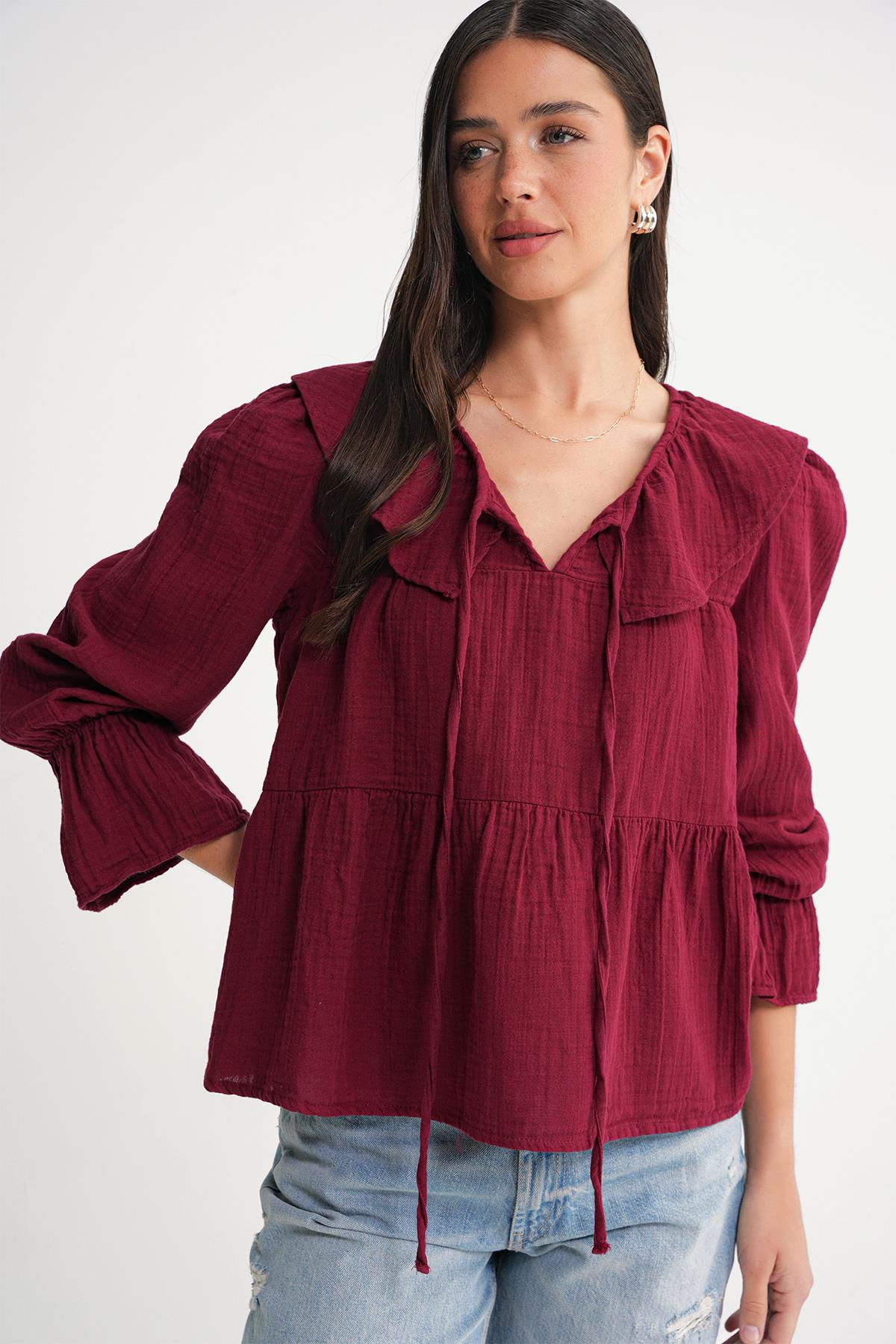 4714 Kadın Yakası Volanlı Bol Müslin Bluz Bordo