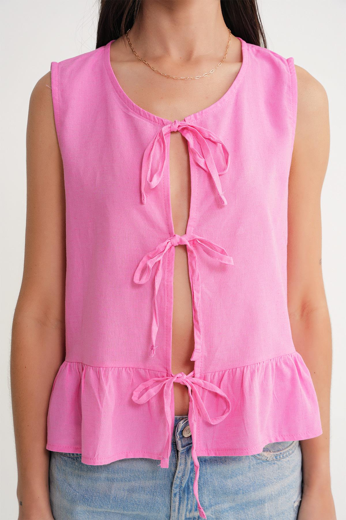 4717 Kadın Önü Bağcıklı Fırfırlı Kolsuz Keten Bluz Pembe