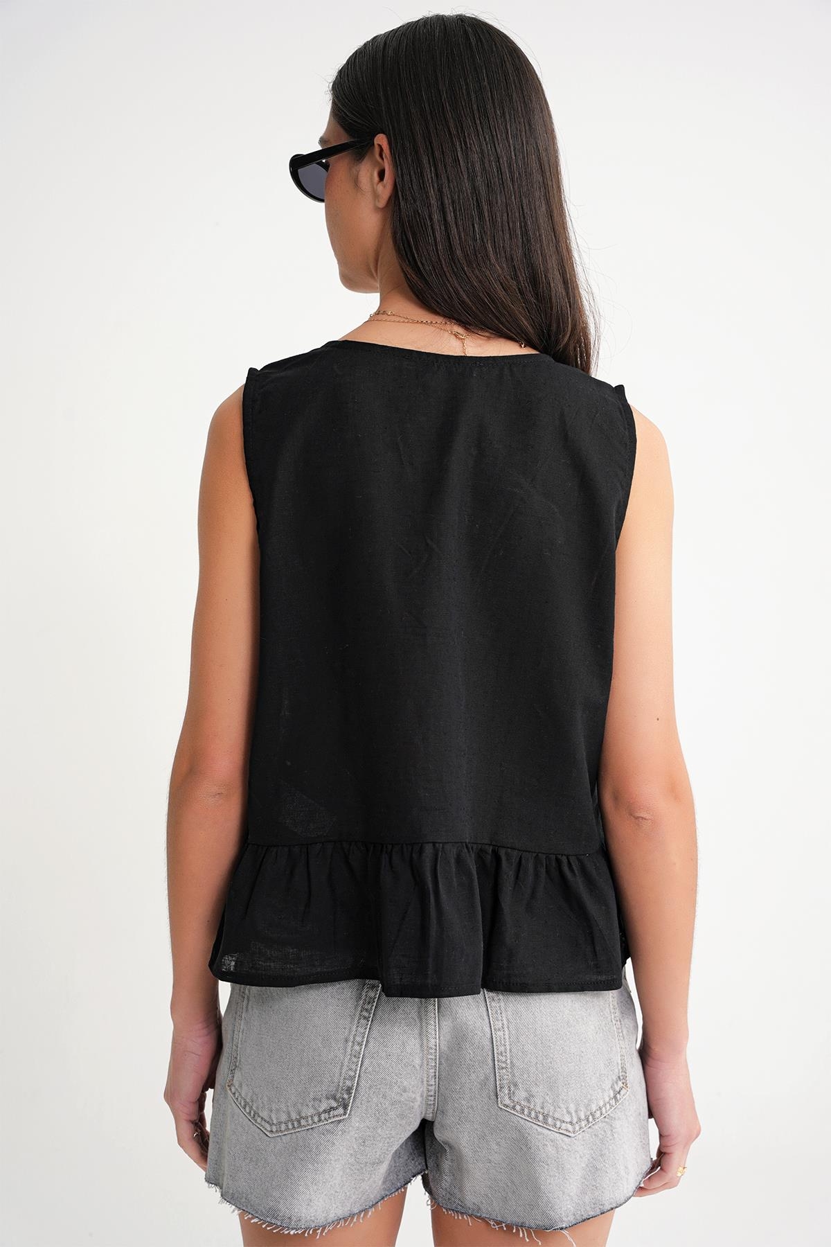 4717 Kadın Önü Bağcıklı Fırfırlı Kolsuz Keten Bluz Siyah