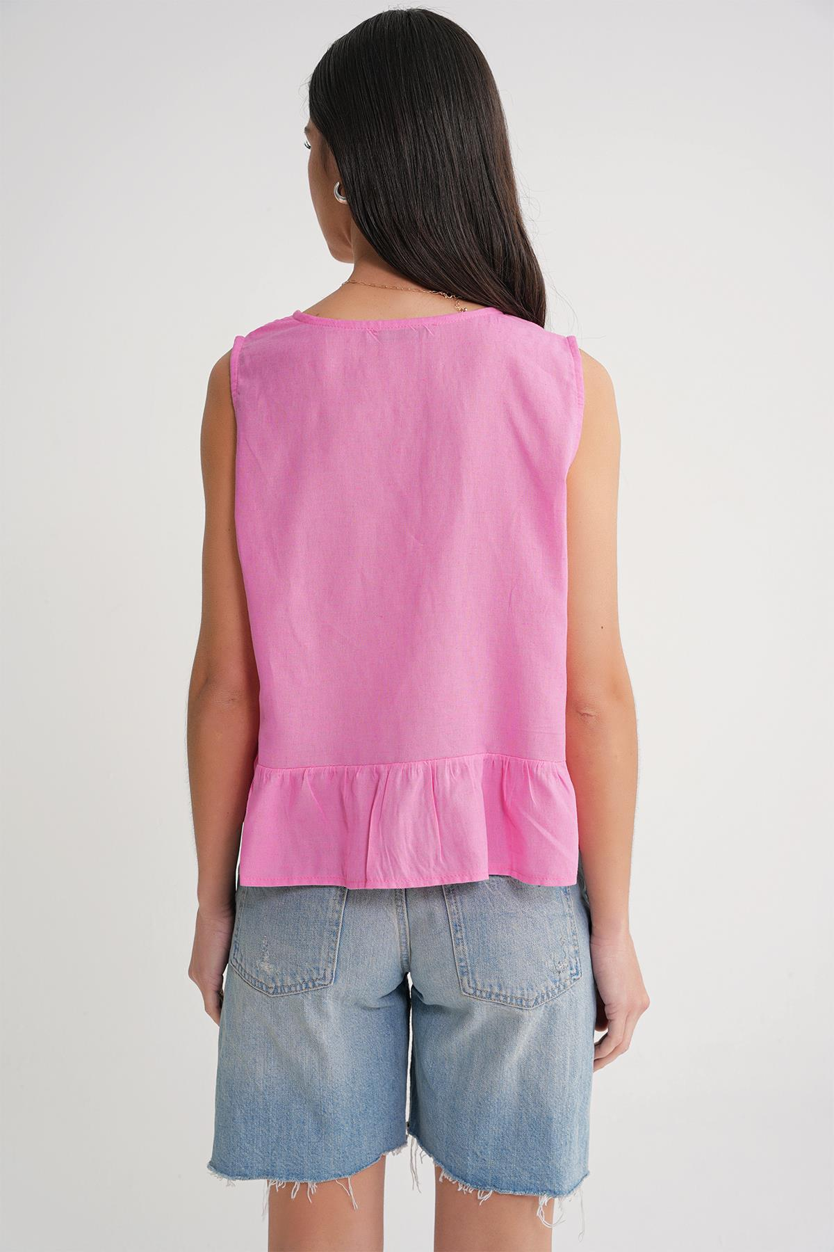 4717 Kadın Önü Bağcıklı Fırfırlı Kolsuz Keten Bluz Pembe