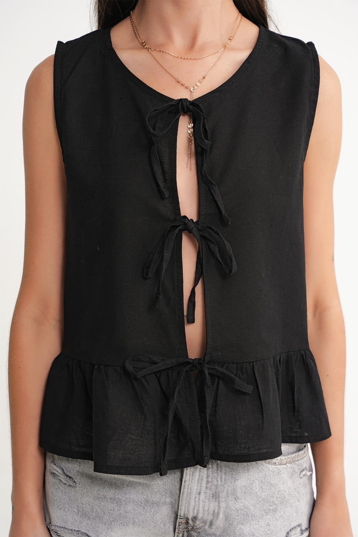 4717 Kadın Önü Bağcıklı Fırfırlı Kolsuz Keten Bluz Siyah