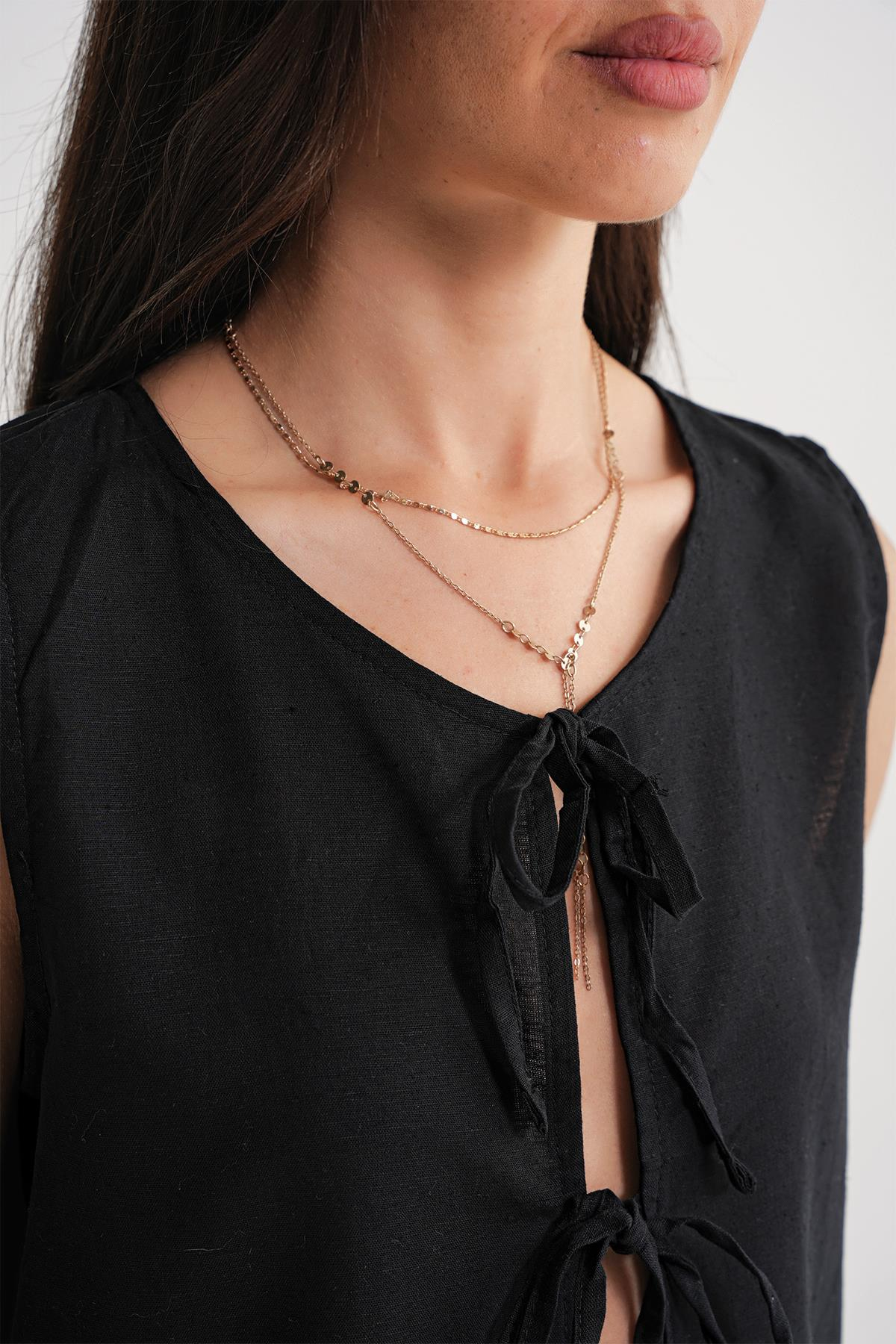 4717 Kadın Önü Bağcıklı Fırfırlı Kolsuz Keten Bluz Siyah