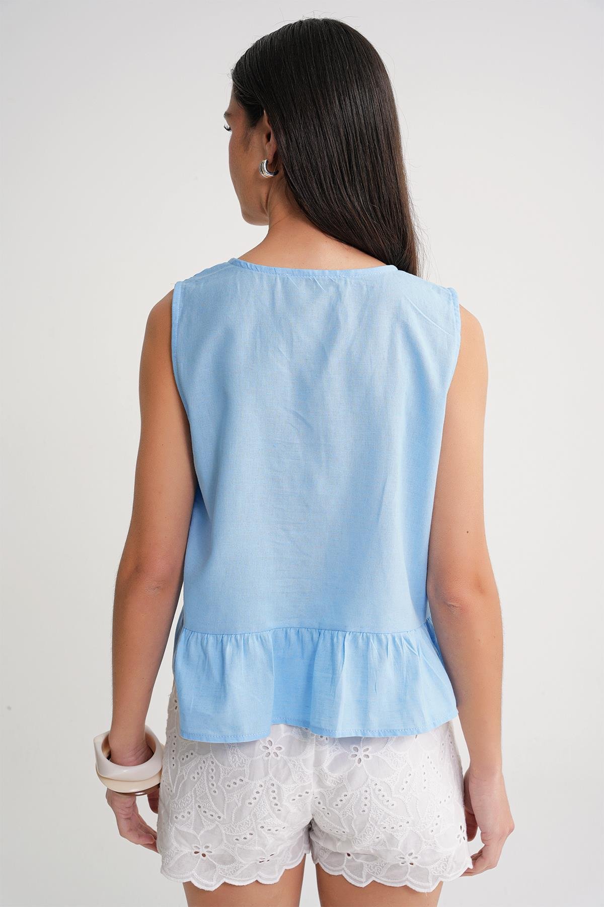 4717 Kadın Önü Bağcıklı Fırfırlı Kolsuz Keten Bluz Mavi