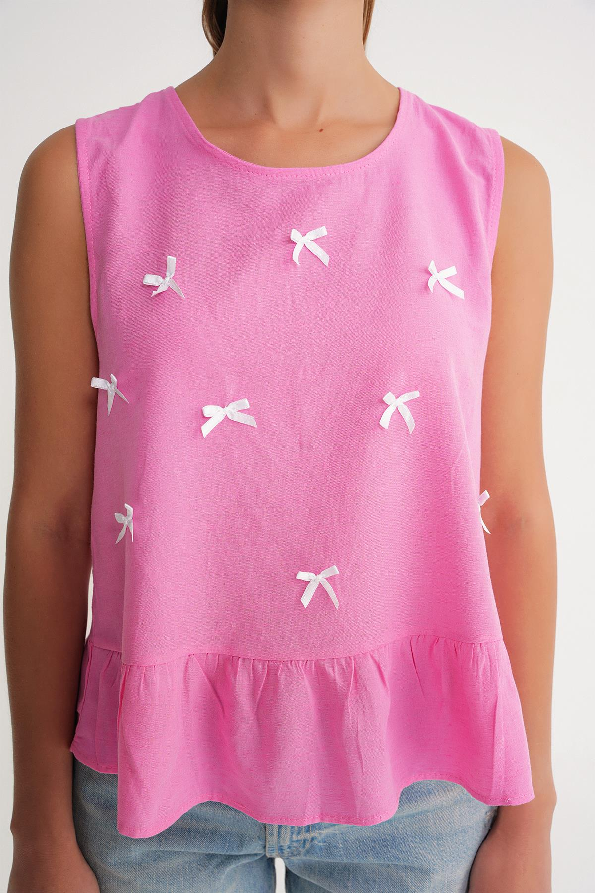 4718 Kadın Fiyonk Detaylı Fırfırlı Keten Bluz Pembe