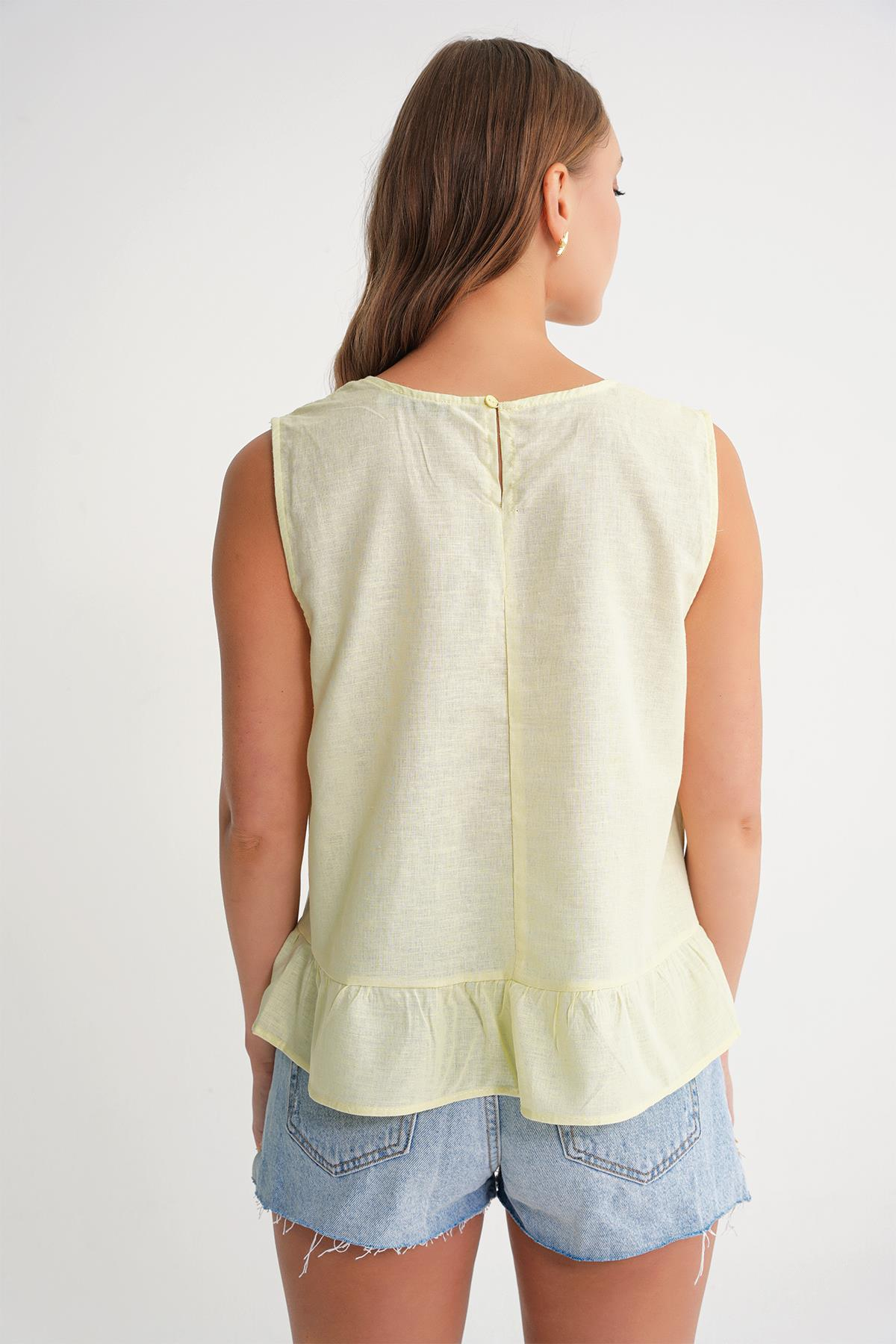 4718 Kadın Fiyonk Detaylı Fırfırlı Keten Bluz Sarı