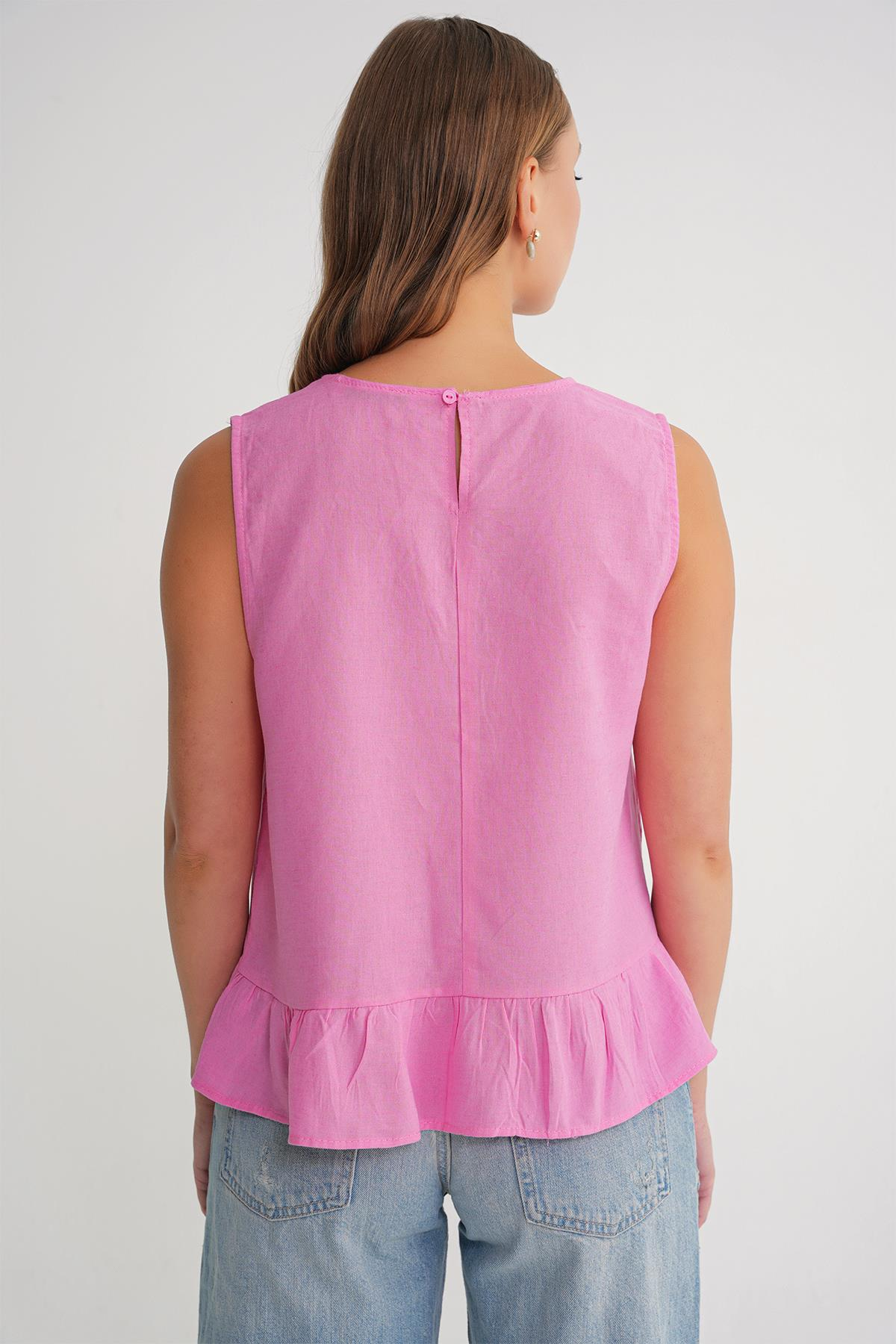 4718 Kadın Fiyonk Detaylı Fırfırlı Keten Bluz Pembe