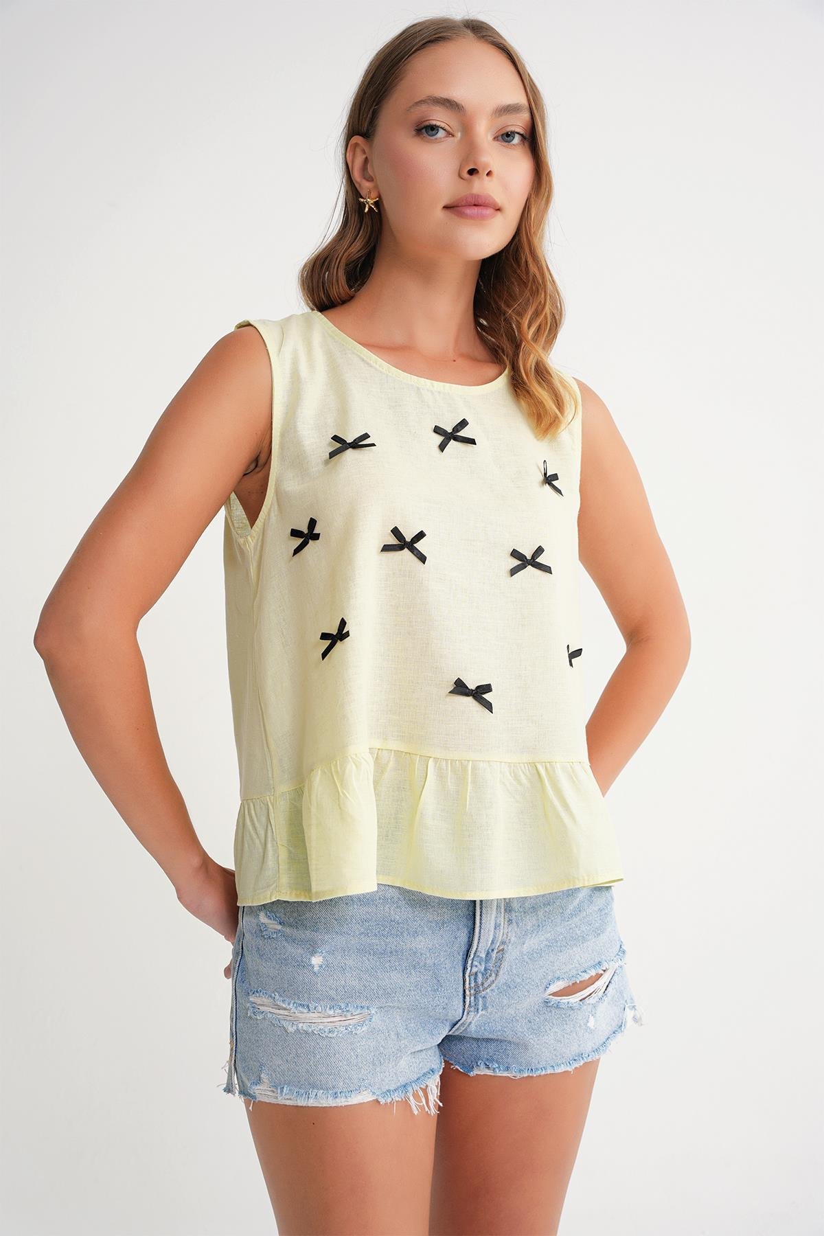 4718 Kadın Fiyonk Detaylı Fırfırlı Keten Bluz Sarı