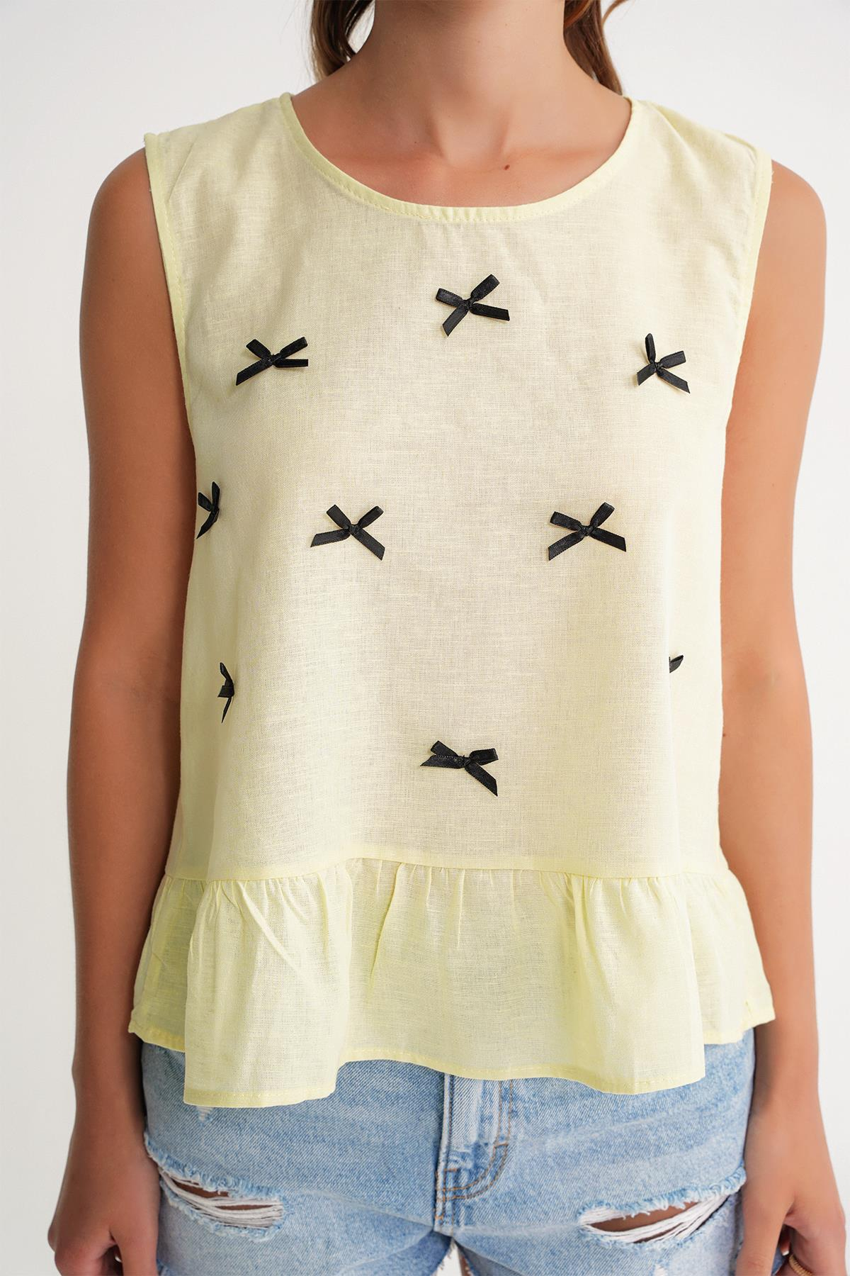 4718 Kadın Fiyonk Detaylı Fırfırlı Keten Bluz Sarı