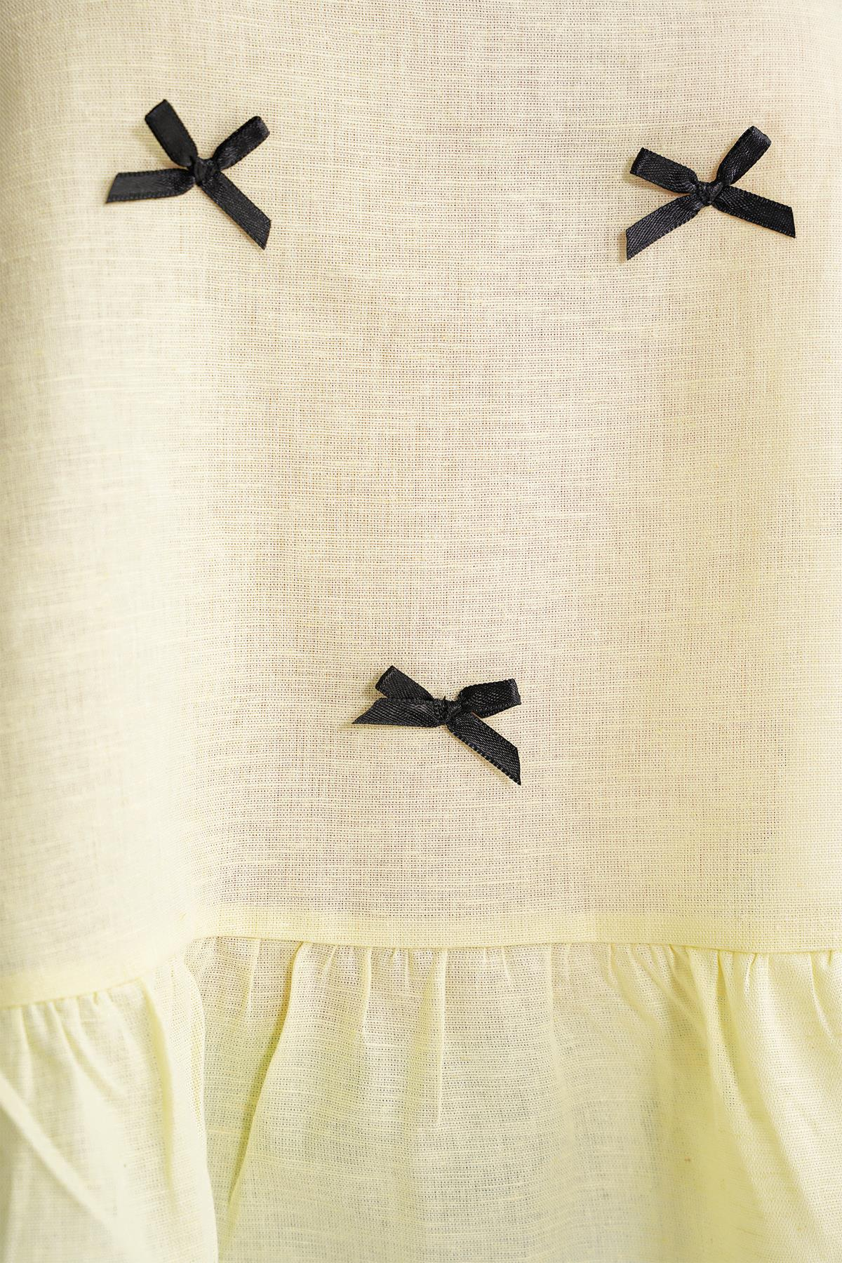 4718 Kadın Fiyonk Detaylı Fırfırlı Keten Bluz Sarı