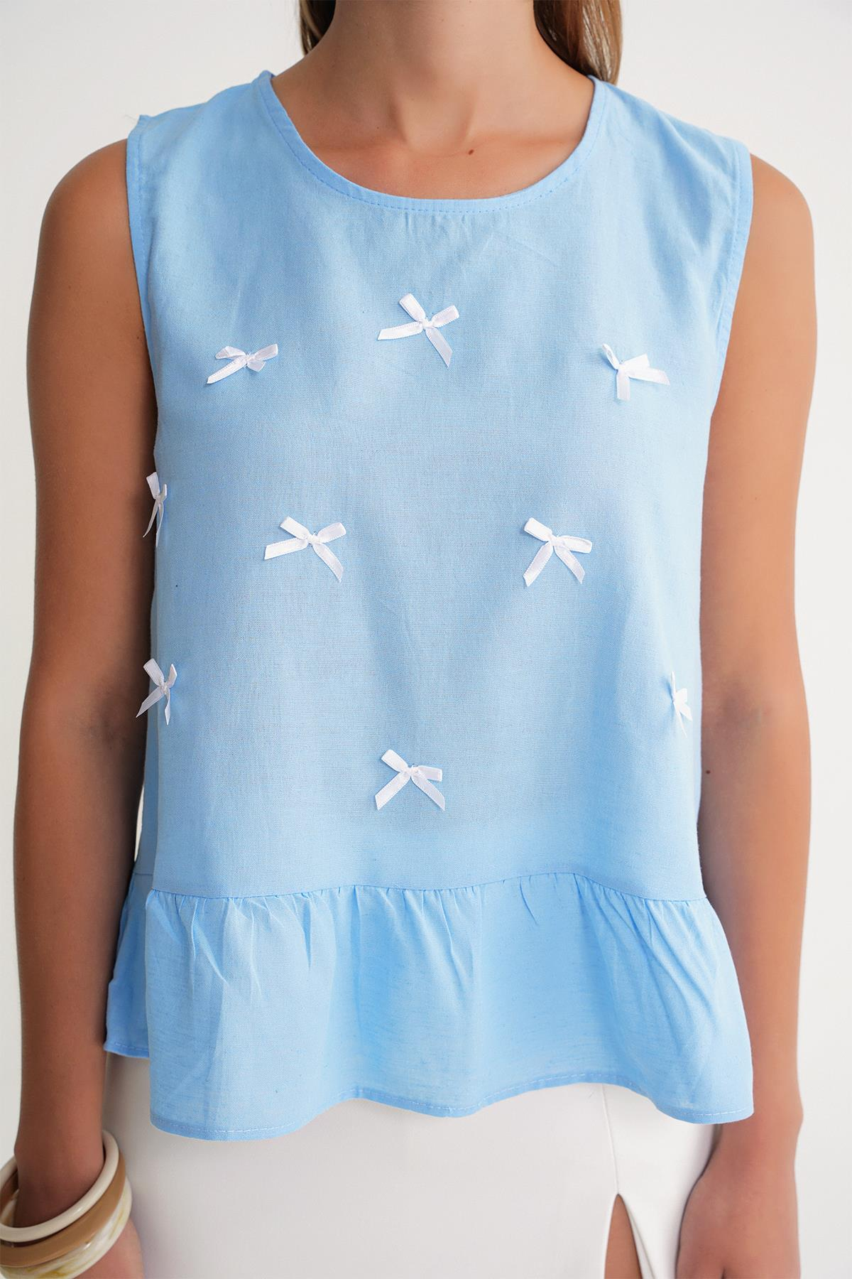 4718 Kadın Fiyonk Detaylı Fırfırlı Keten Bluz Bebe Mavi