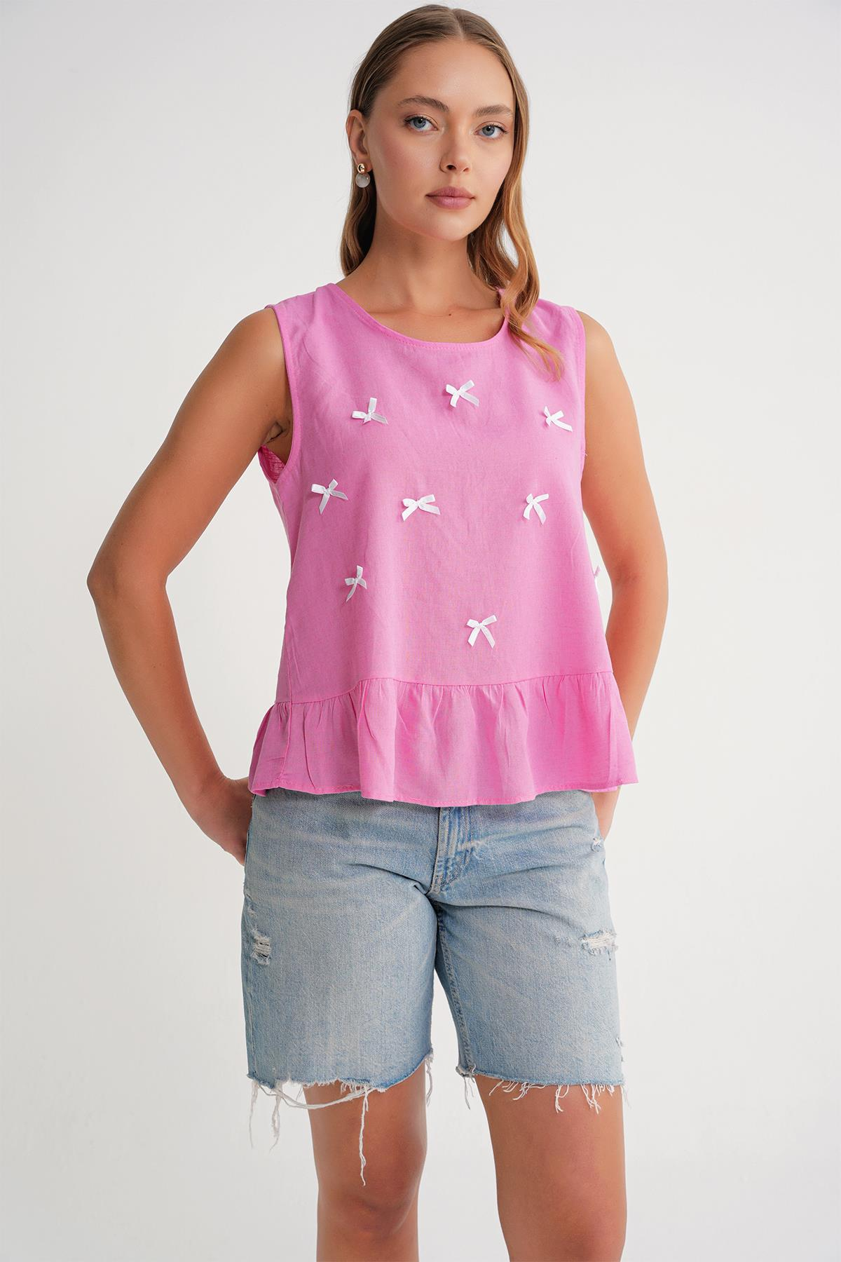 4718 Kadın Fiyonk Detaylı Fırfırlı Keten Bluz Pembe