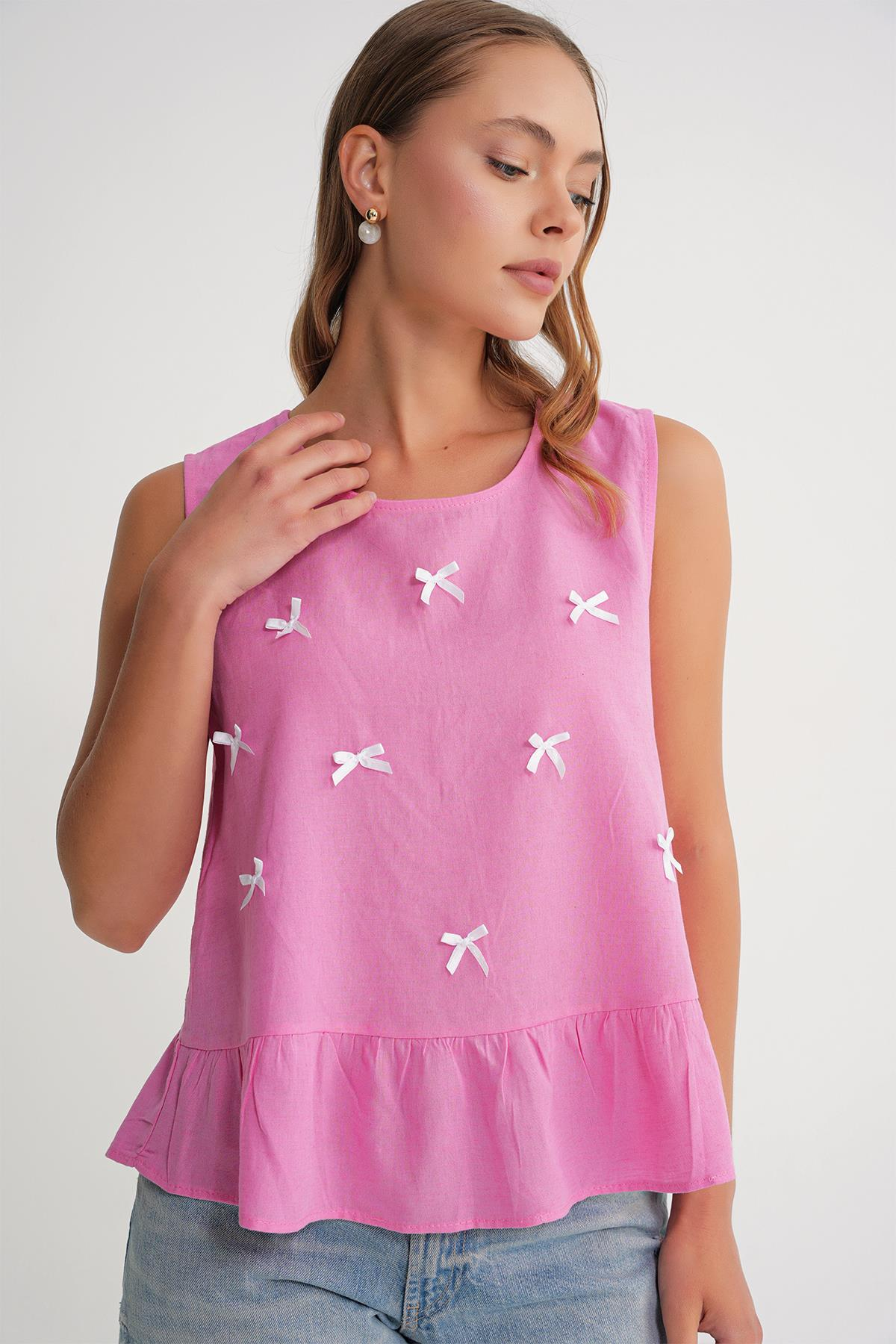 4718 Kadın Fiyonk Detaylı Fırfırlı Keten Bluz Pembe