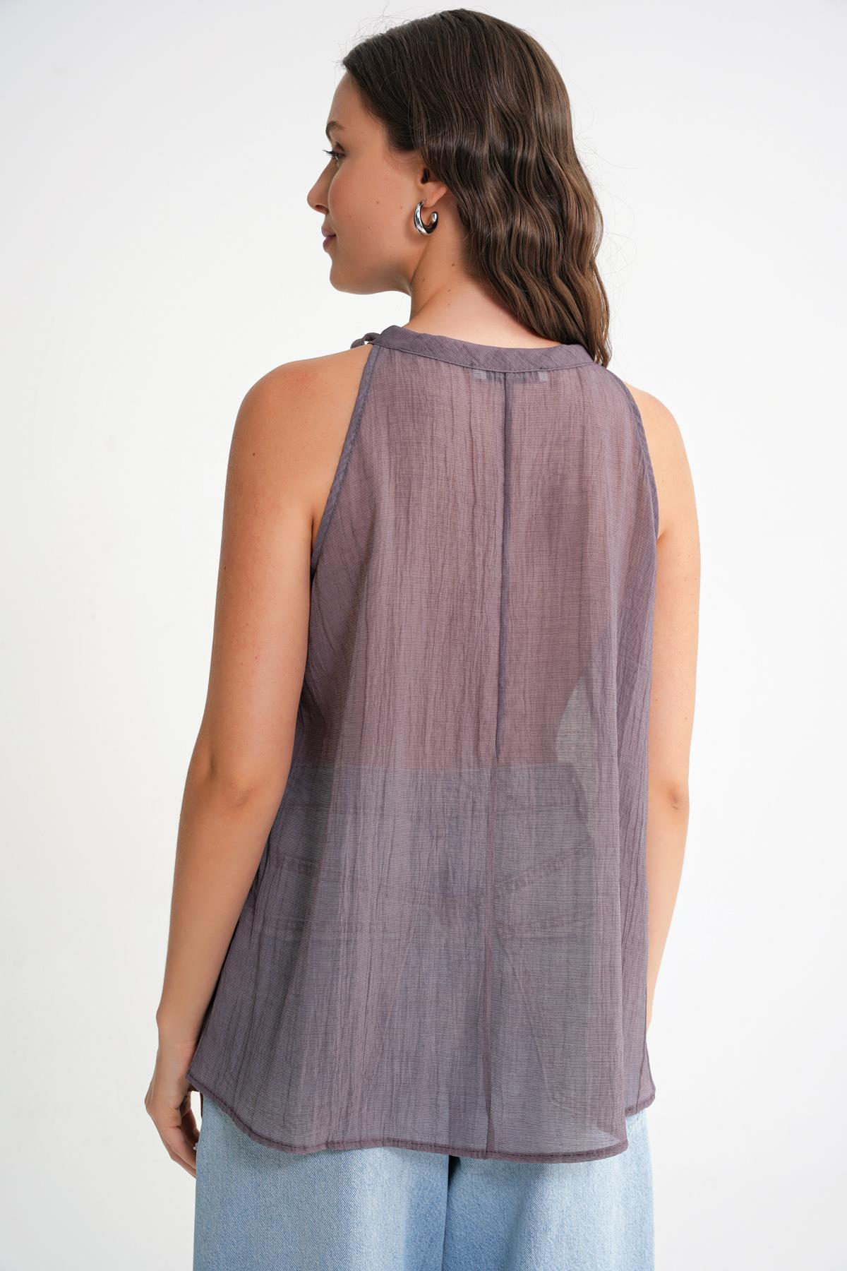 4719 Kadın Çicek Detaylı Transparan Bağlamalı Bluz Gül