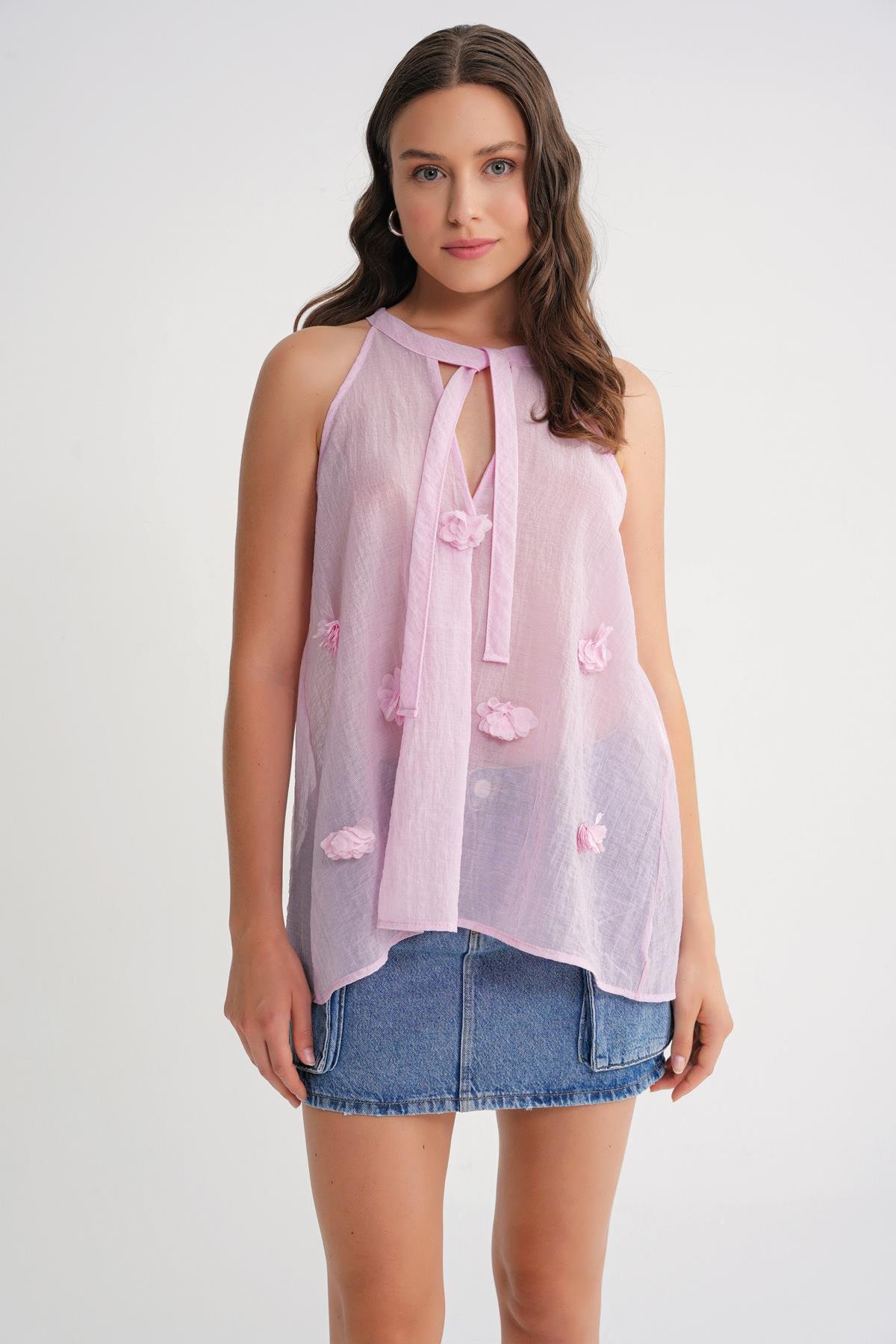 4719 Kadın Çicek Detaylı Transparan Bağlamalı Bluz Pembe