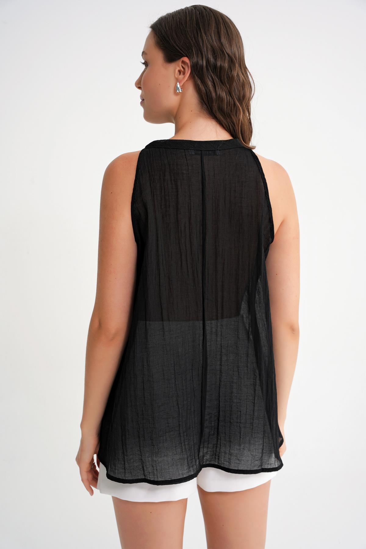 4719 Kadın Çicek Detaylı Transparan Bağlamalı Bluz Siyah