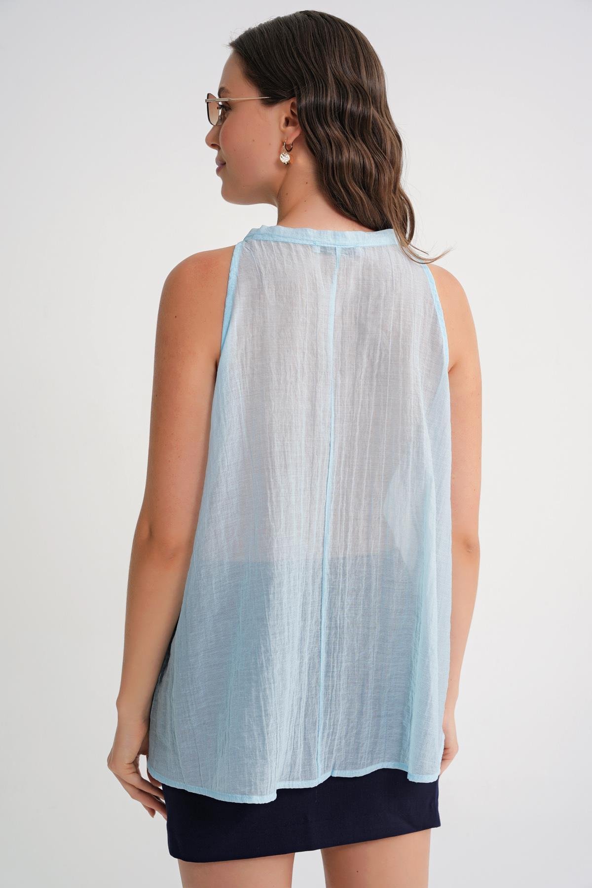 4719 Kadın Çicek Detaylı Transparan Bağlamalı Bluz Bebe Mavi