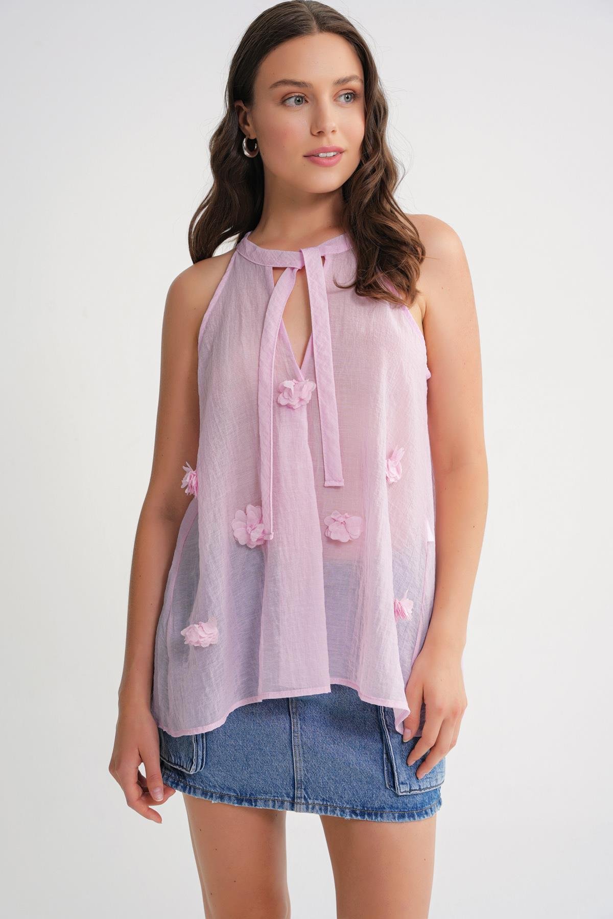 4719 Kadın Çicek Detaylı Transparan Bağlamalı Bluz Pembe