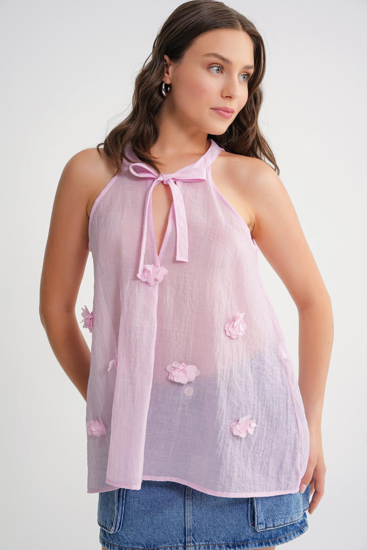4719 Kadın Çicek Detaylı Transparan Bağlamalı Bluz Pembe