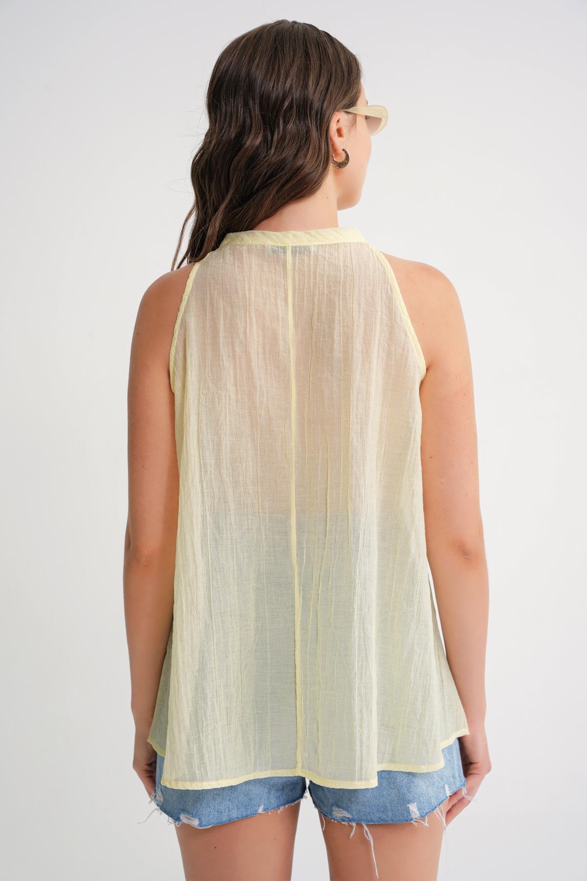 4719 Kadın Çicek Detaylı Transparan Bağlamalı Bluz Sarı