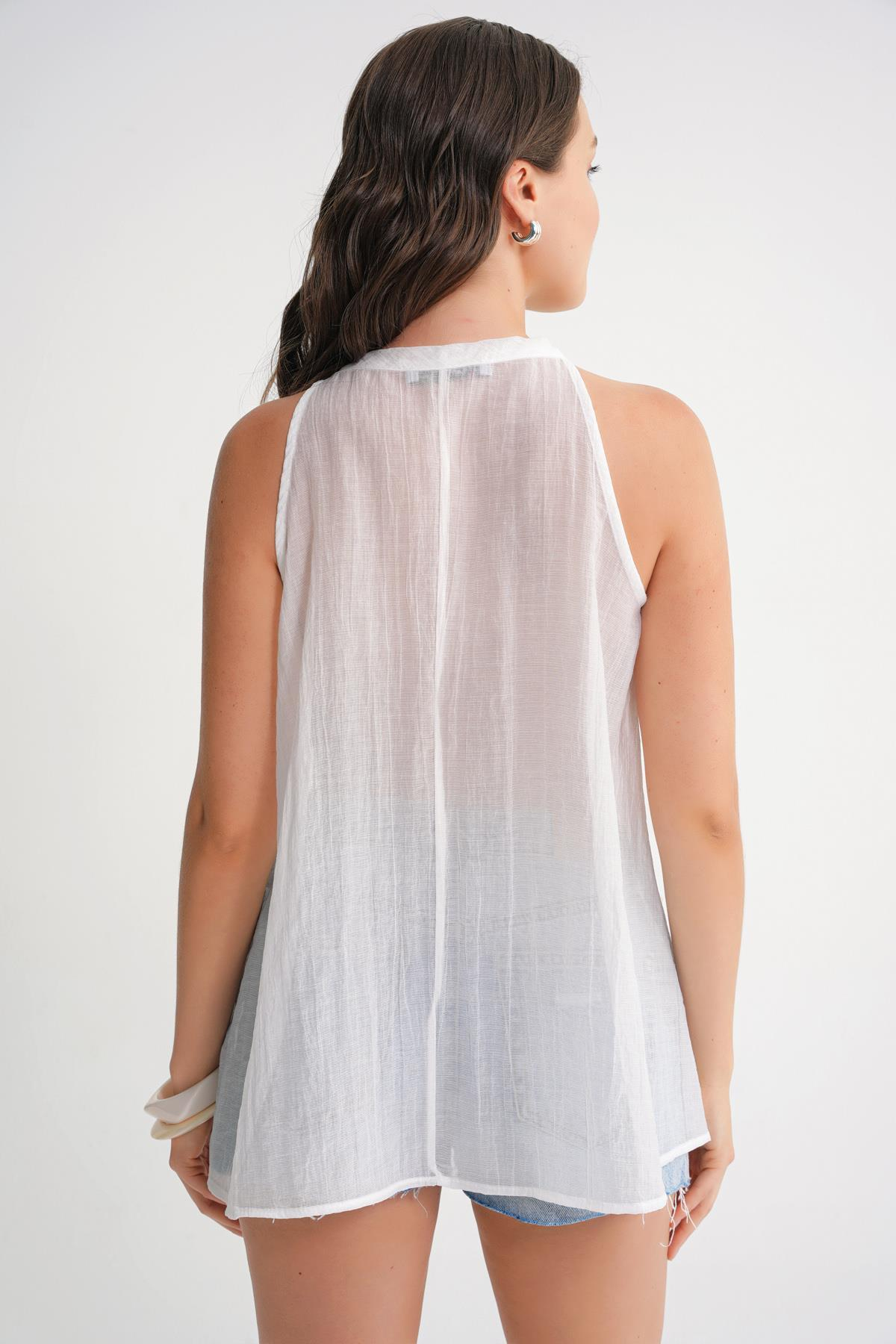 4719 Kadın Çicek Detaylı Transparan Bağlamalı Bluz Beyaz