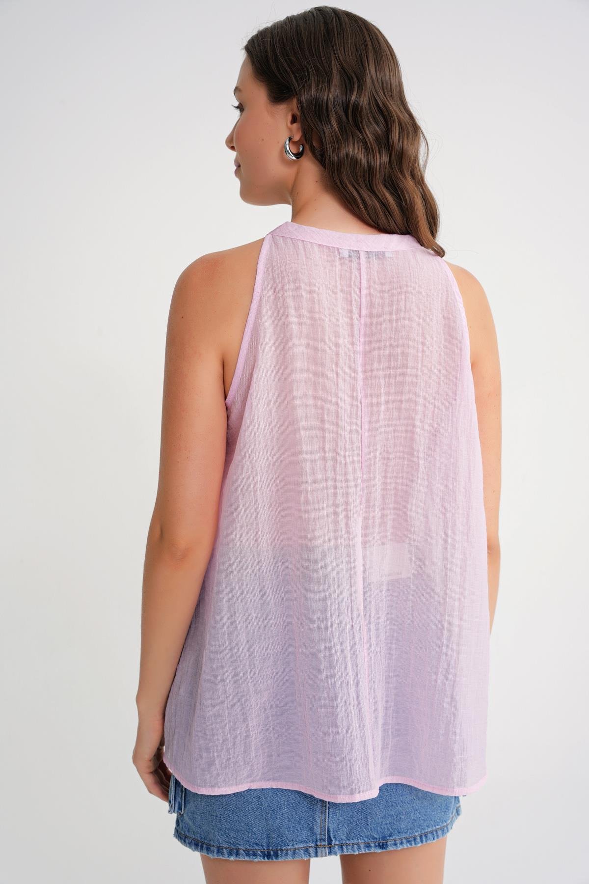 4719 Kadın Çicek Detaylı Transparan Bağlamalı Bluz Pembe