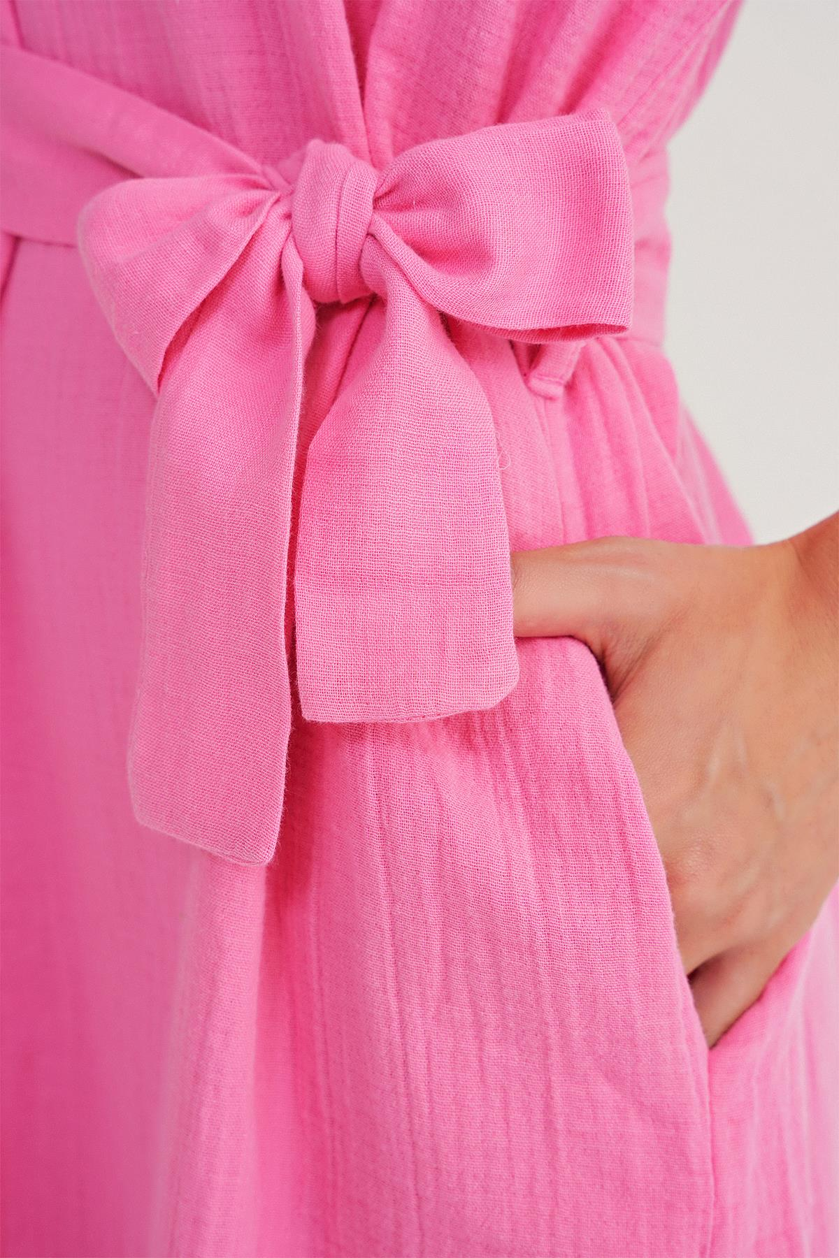 4720 Kadın Pile Detaylı Bağlamalı V Yaka Elbise Pembe