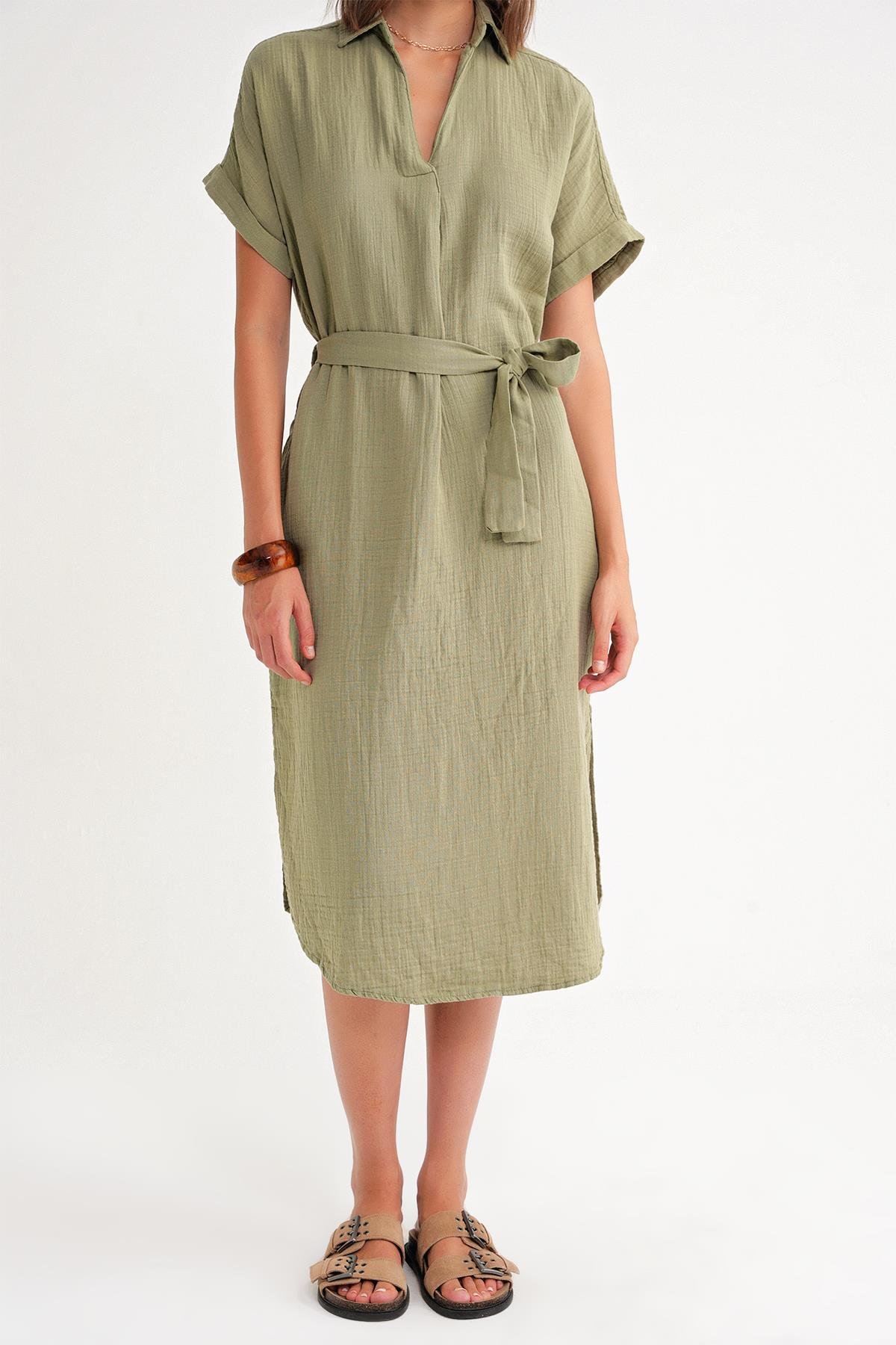 4720 Kadın Pile Detaylı Bağlamalı V Yaka Elbise Haki