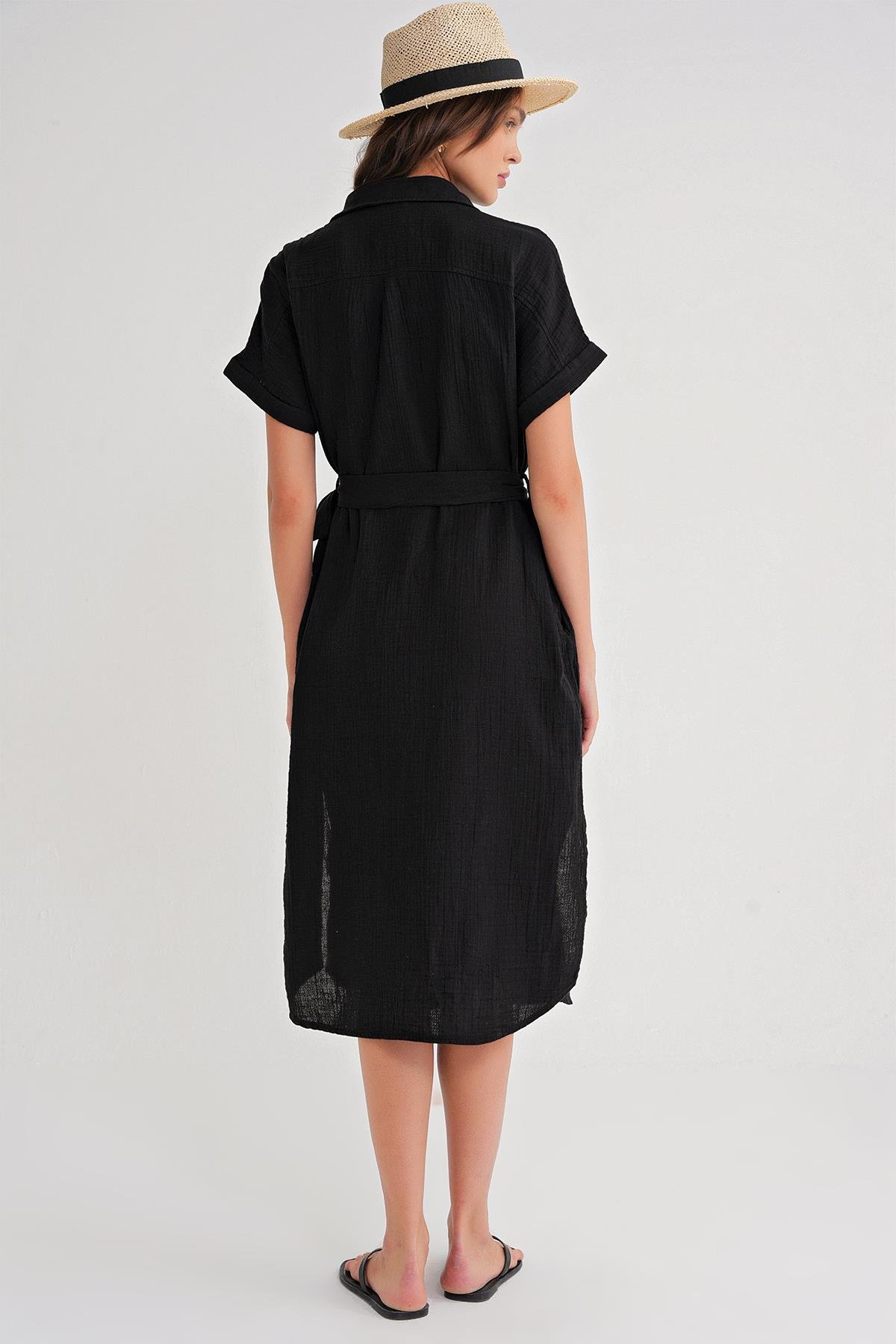 4720 Kadın Pile Detaylı Bağlamalı V Yaka Elbise Siyah