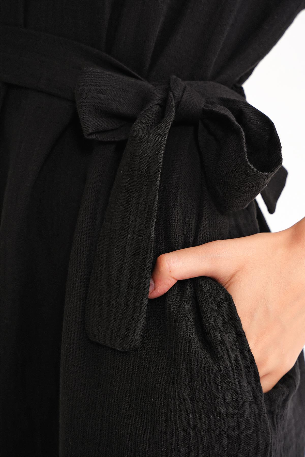 4720 Kadın Pile Detaylı Bağlamalı V Yaka Elbise Siyah