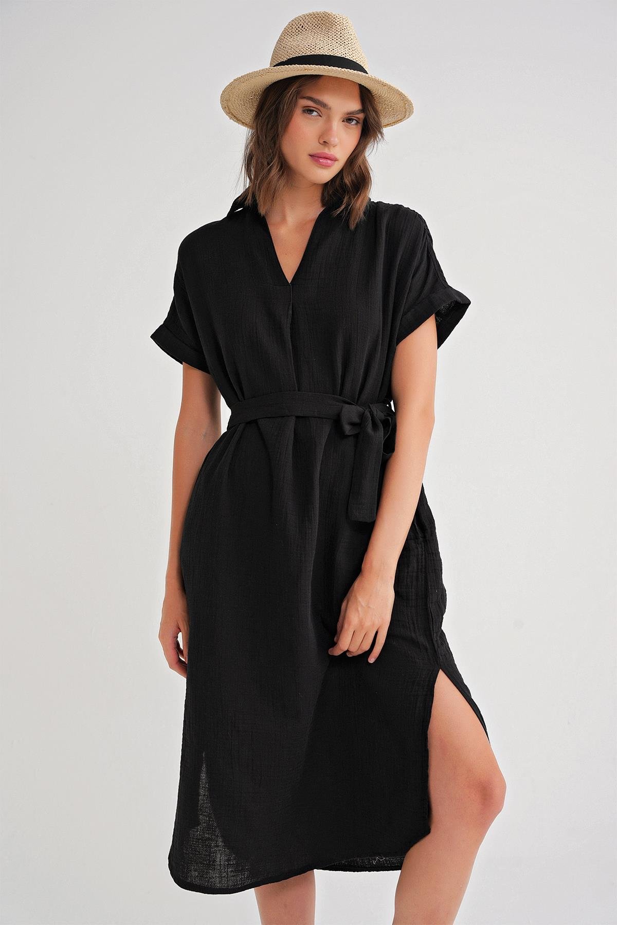 4720 Kadın Pile Detaylı Bağlamalı V Yaka Elbise Siyah