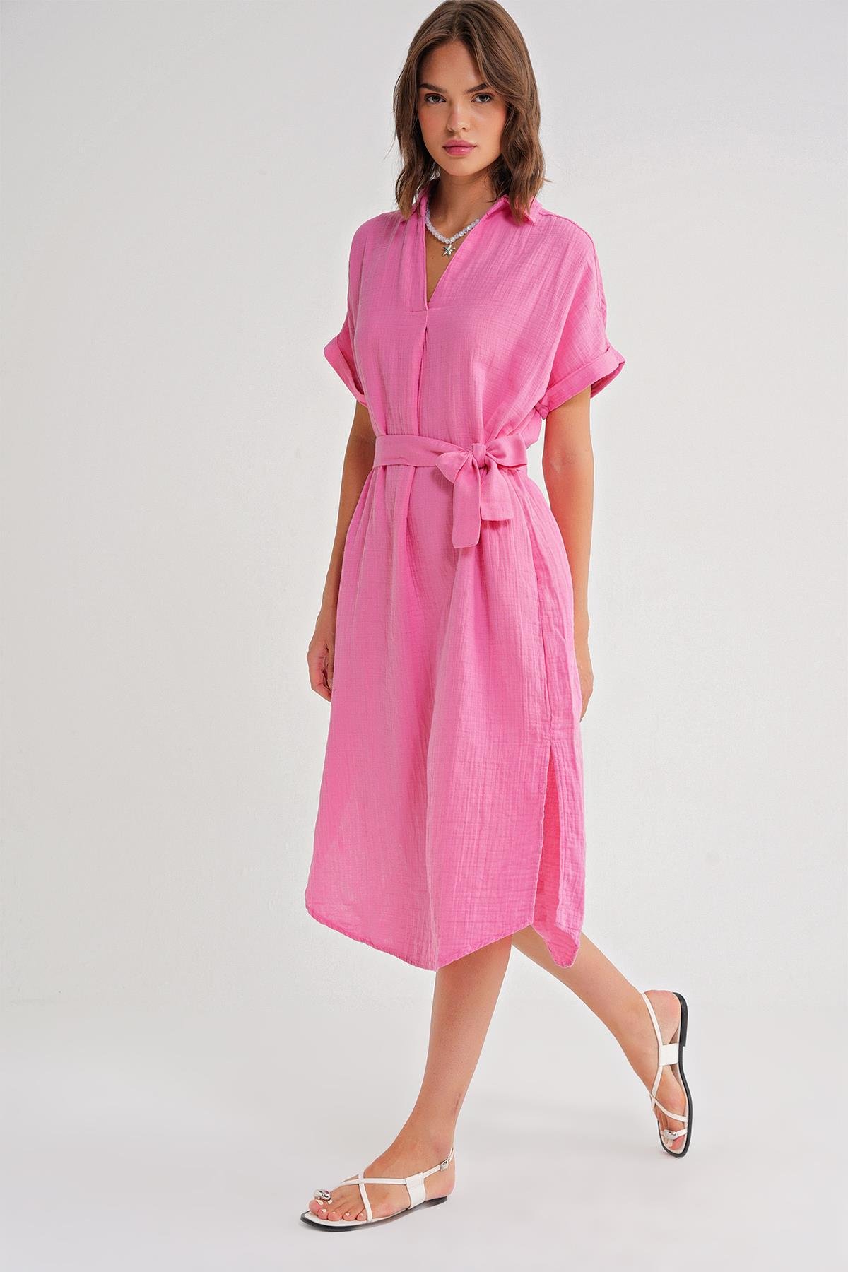 4720 Kadın Pile Detaylı Bağlamalı V Yaka Elbise Pembe