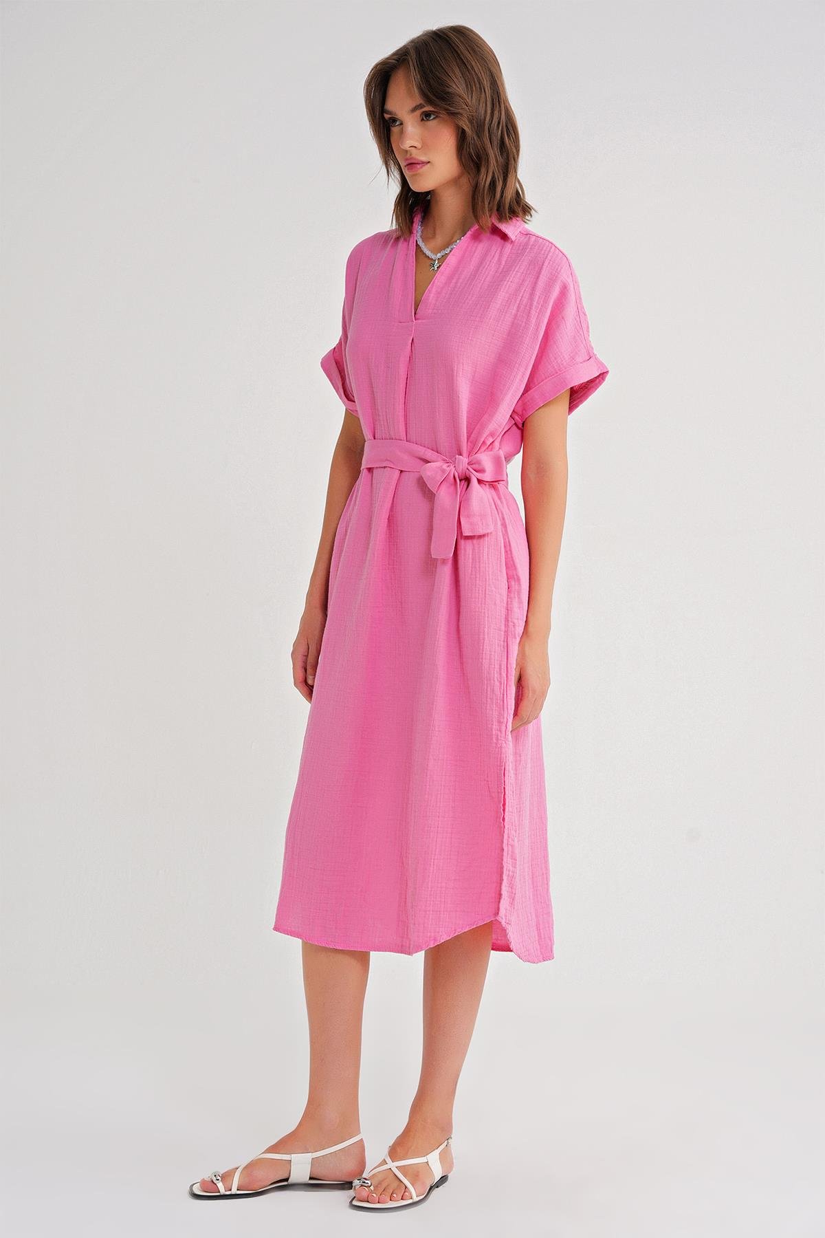 4720 Kadın Pile Detaylı Bağlamalı V Yaka Elbise Pembe