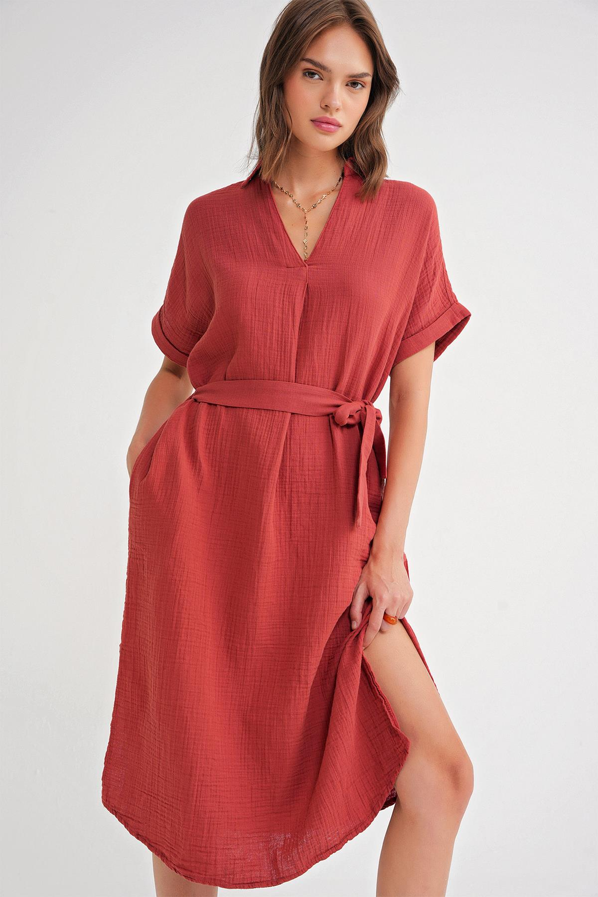 4720 Kadın Pile Detaylı Bağlamalı V Yaka Elbise Kiremit