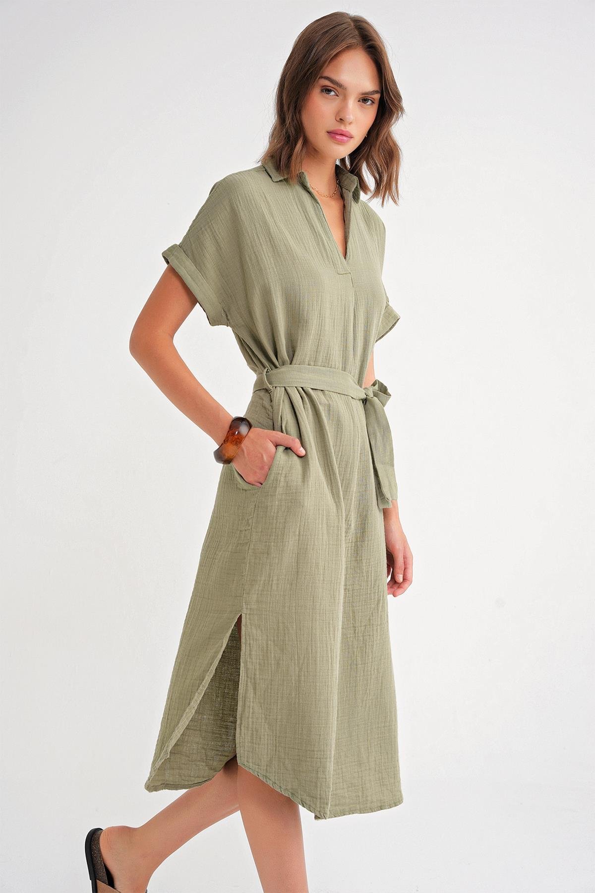 4720 Kadın Pile Detaylı Bağlamalı V Yaka Elbise Haki