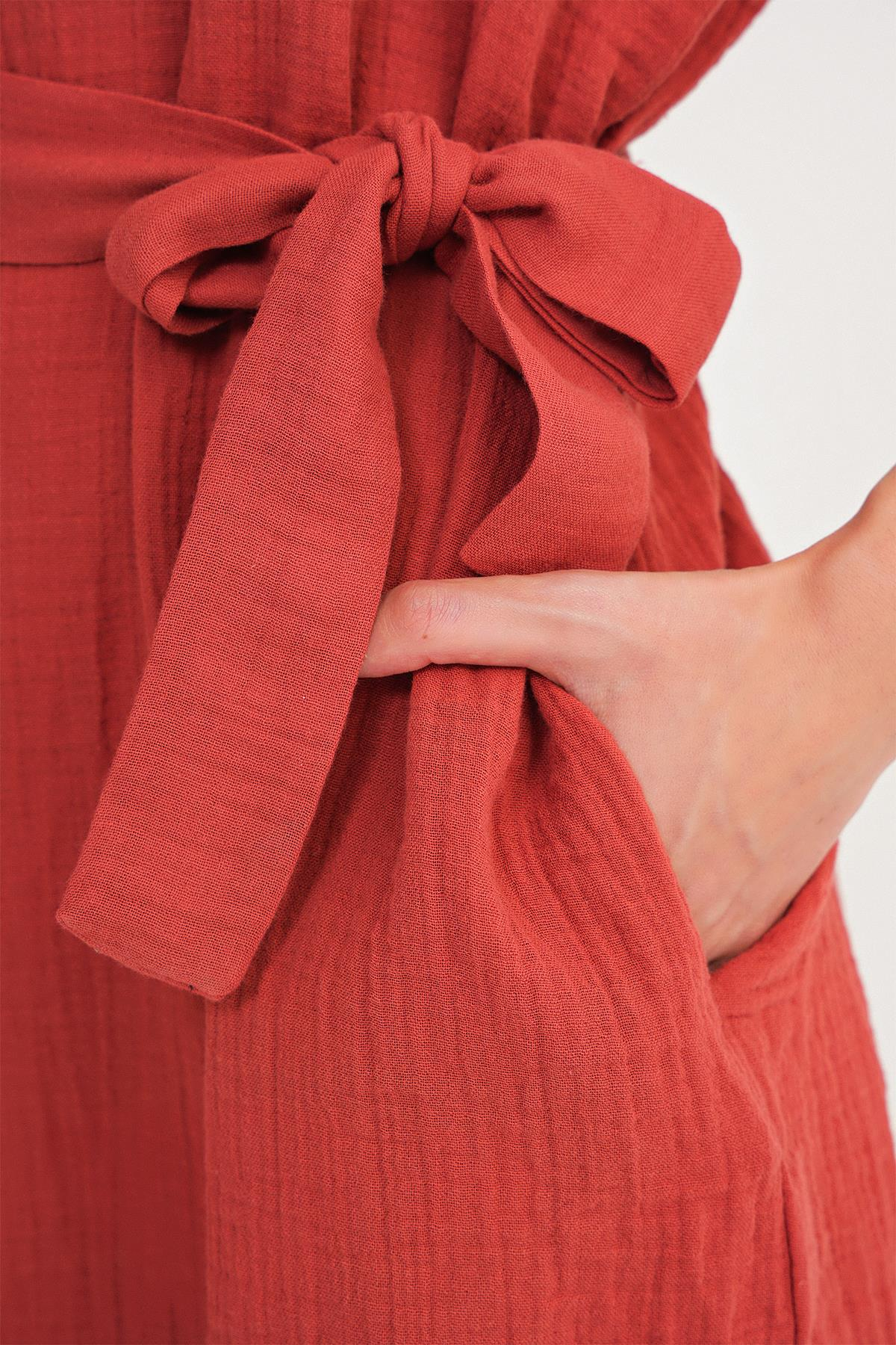 4720 Kadın Pile Detaylı Bağlamalı V Yaka Elbise Kiremit