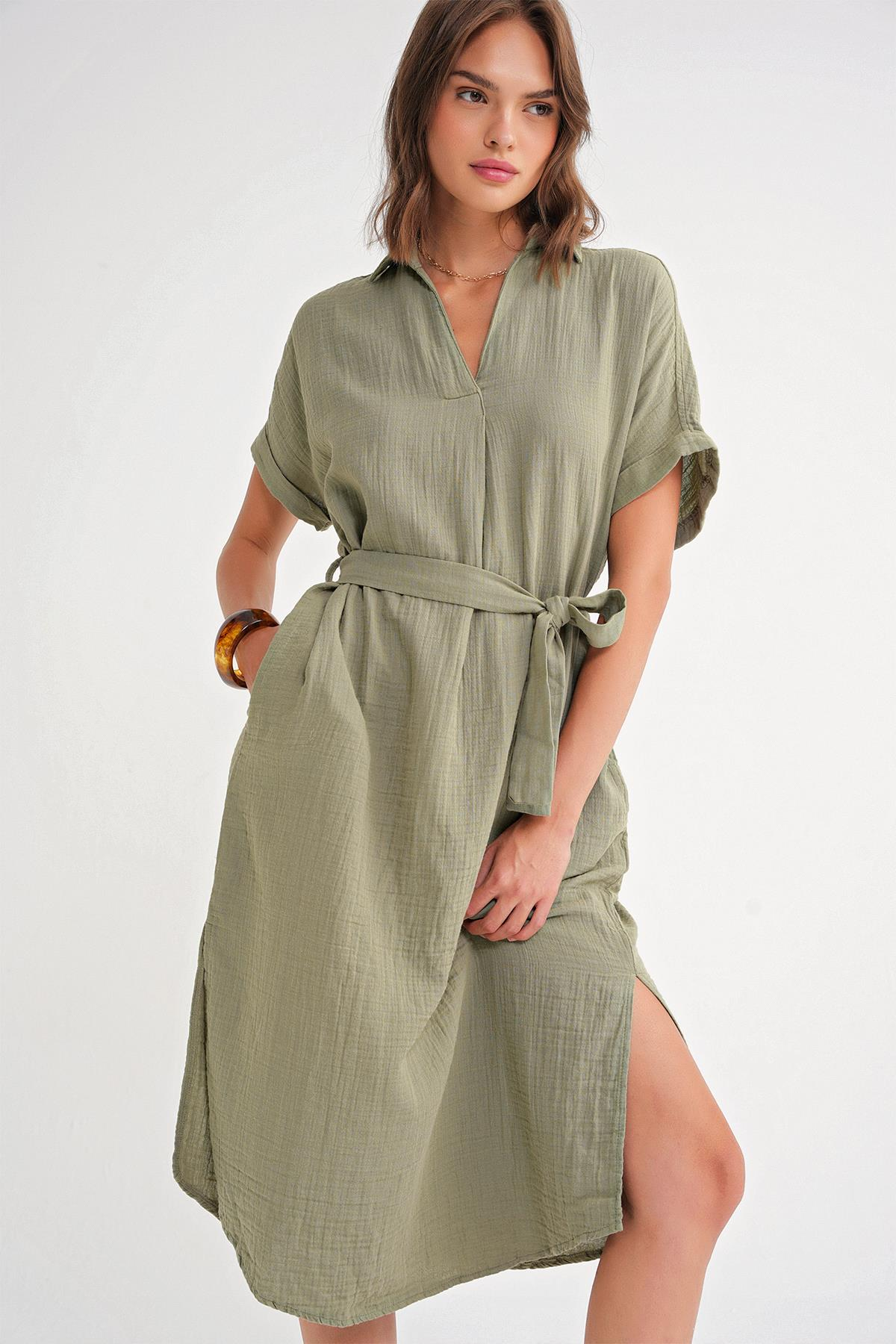 4720 Kadın Pile Detaylı Bağlamalı V Yaka Elbise Haki