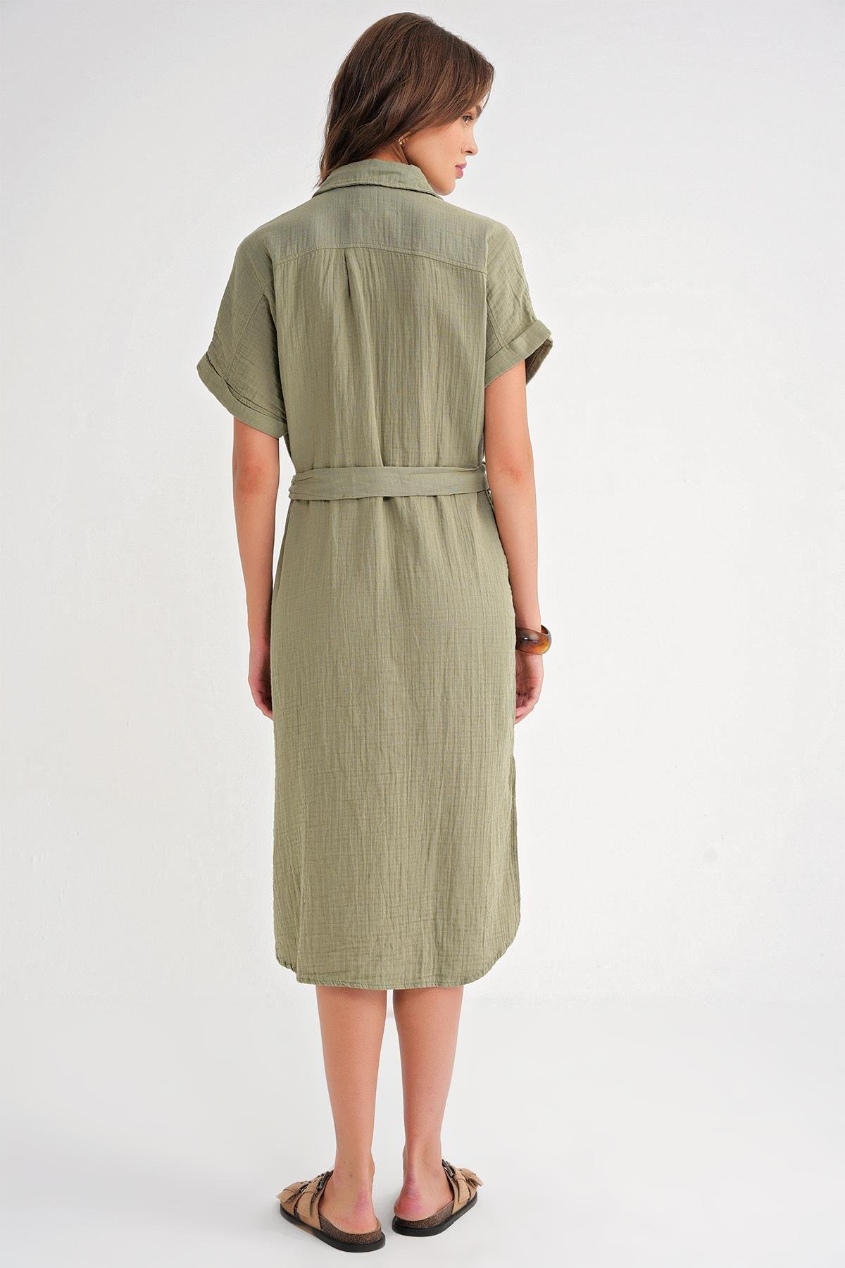 4720 Kadın Pile Detaylı Bağlamalı V Yaka Elbise Haki